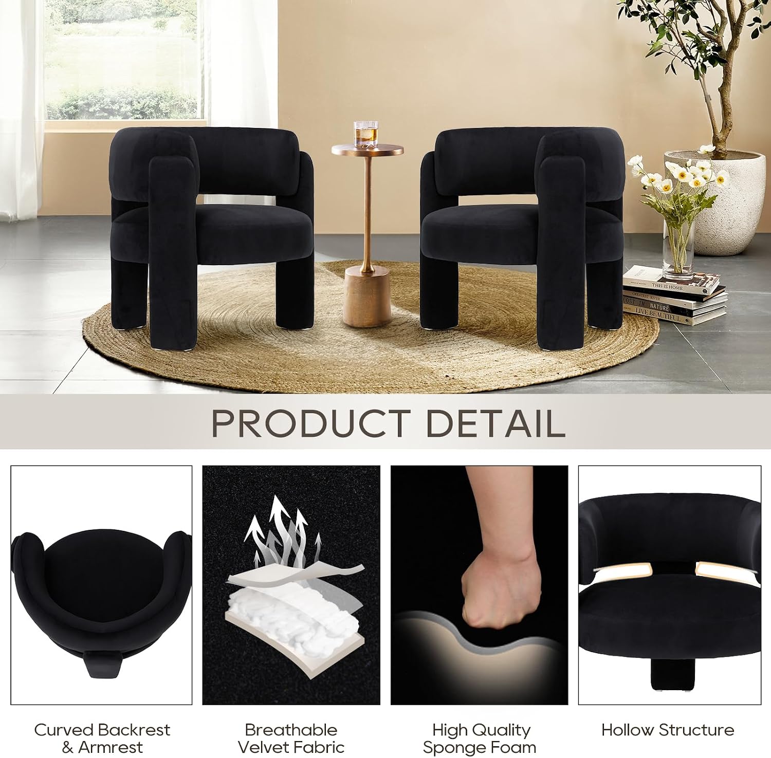 Detalle de COLAMY W181 Velvet Accent Chairs, Set of 2, Black, Barrel Style