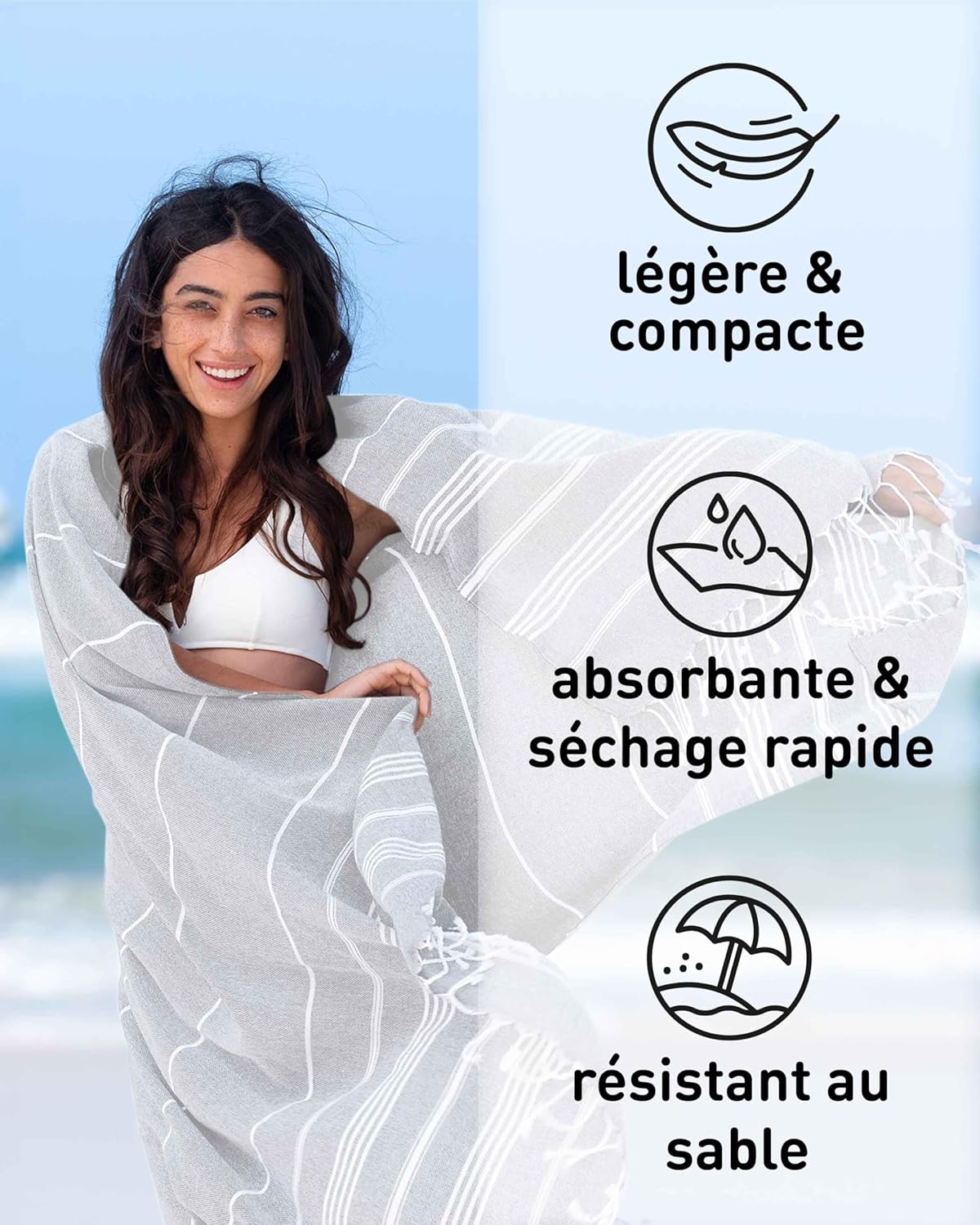 Detalle de Fit-Flip Serviette de Plage hammam – Fouta en coton 100% 100x200 cm, Gris Clair
