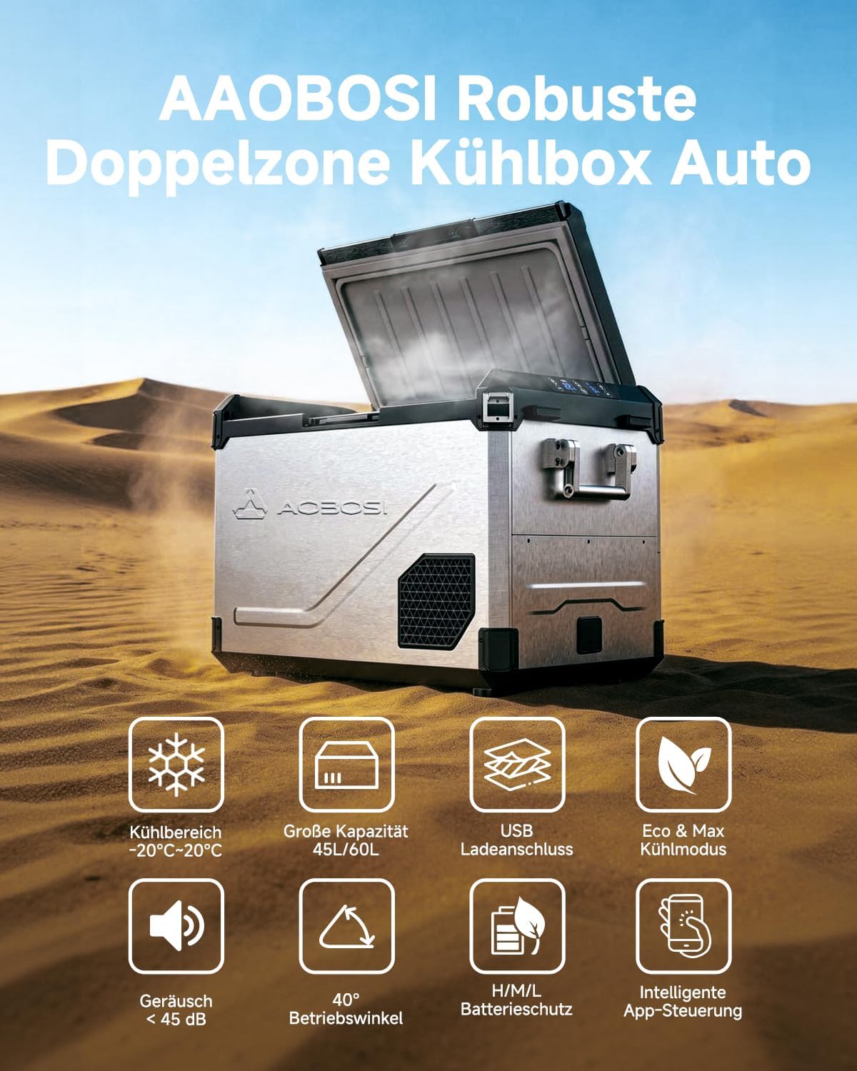 Detalle de AAOBOSI 60L Kompressor Kühlbox Dual Zone – leistungsstarke mobile Kühlung mit Edelstahlgehäuse