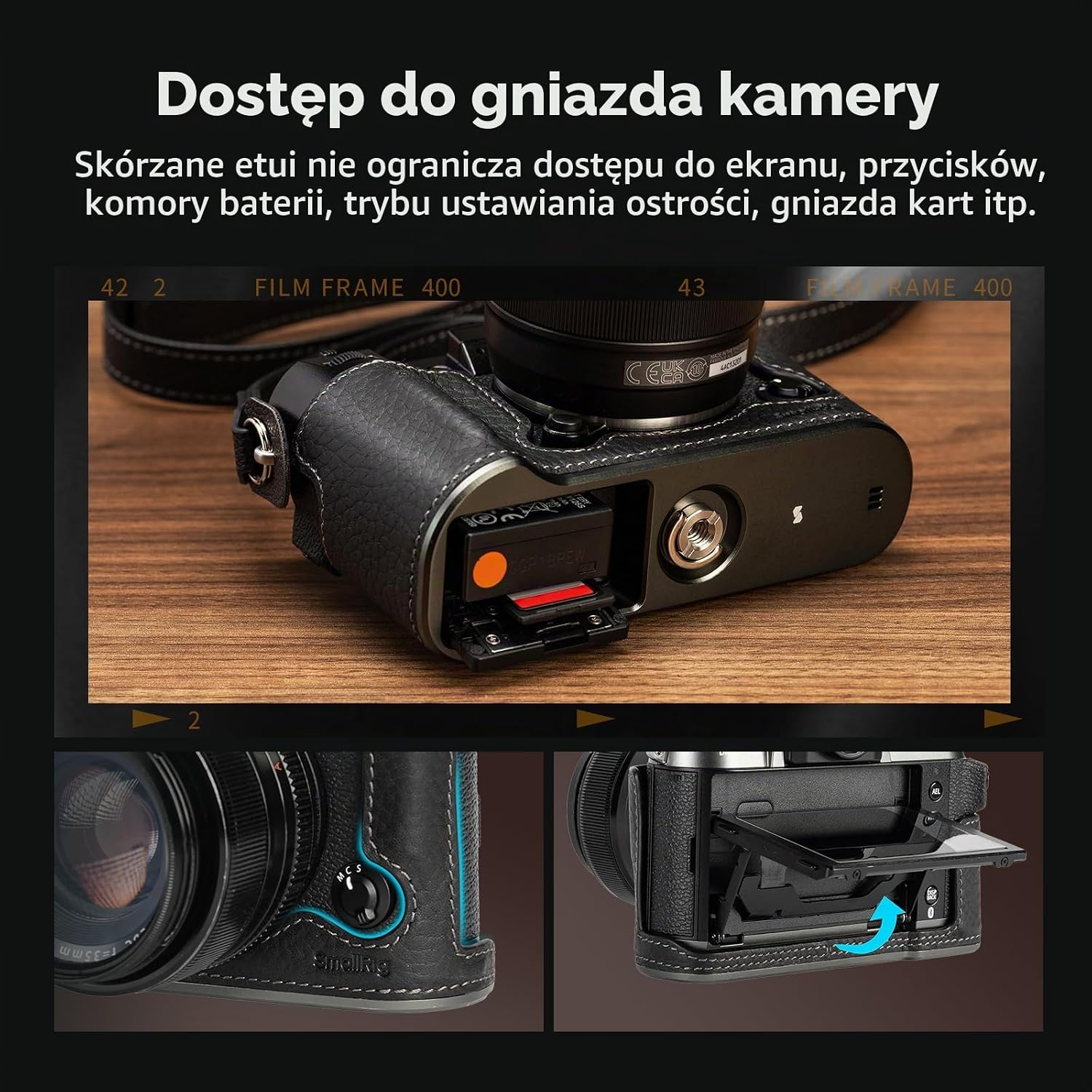 Detalle de SMALLRIG 4709 – półskórzany futerał do Fujifilm X-T50 z paskiem