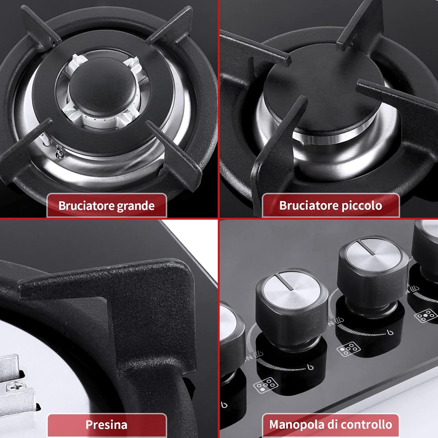 Detalle de Piano Cottura a Gas da Incasso 5 Fuochi 77 cm con Vetro Nero, Protezione Flame-Out