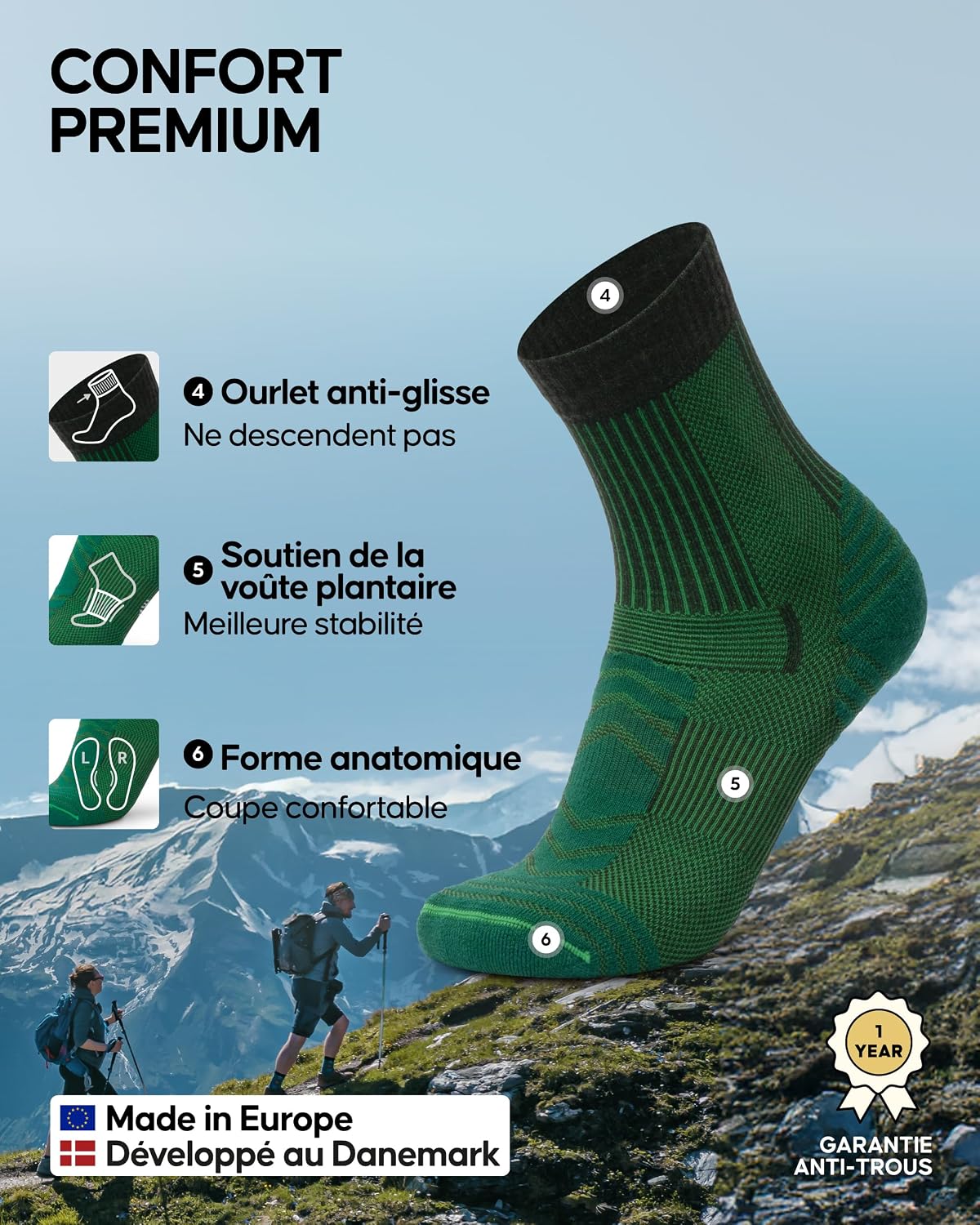 Detalle de DANISH ENDURANCE Chaussettes de randonnée en laine mérinos chaudes avec rembourrage léger (3 ou 5 paires) unisexes