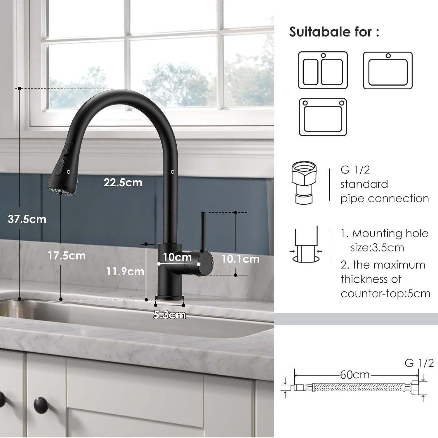 Thumbnail 6 de Peppermint Black Kitchen Tap with Pull Out Spray – 3-Mode High Arc Mono Mixer