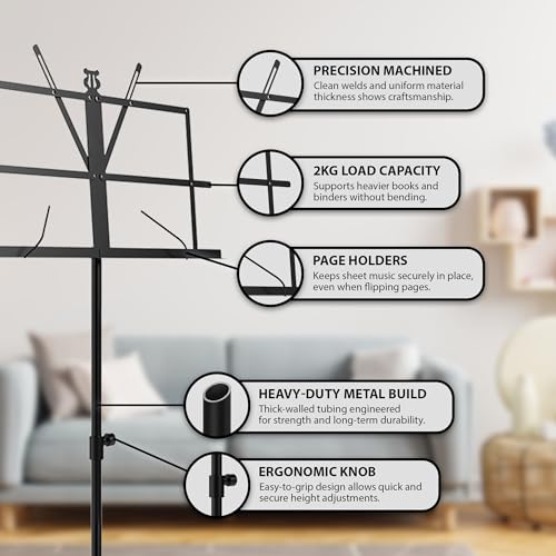 Detalle 2 de ZENO Music Stand: Foldable, Adjustable Sheet Music Stand with Clip Holder and Carry Bag