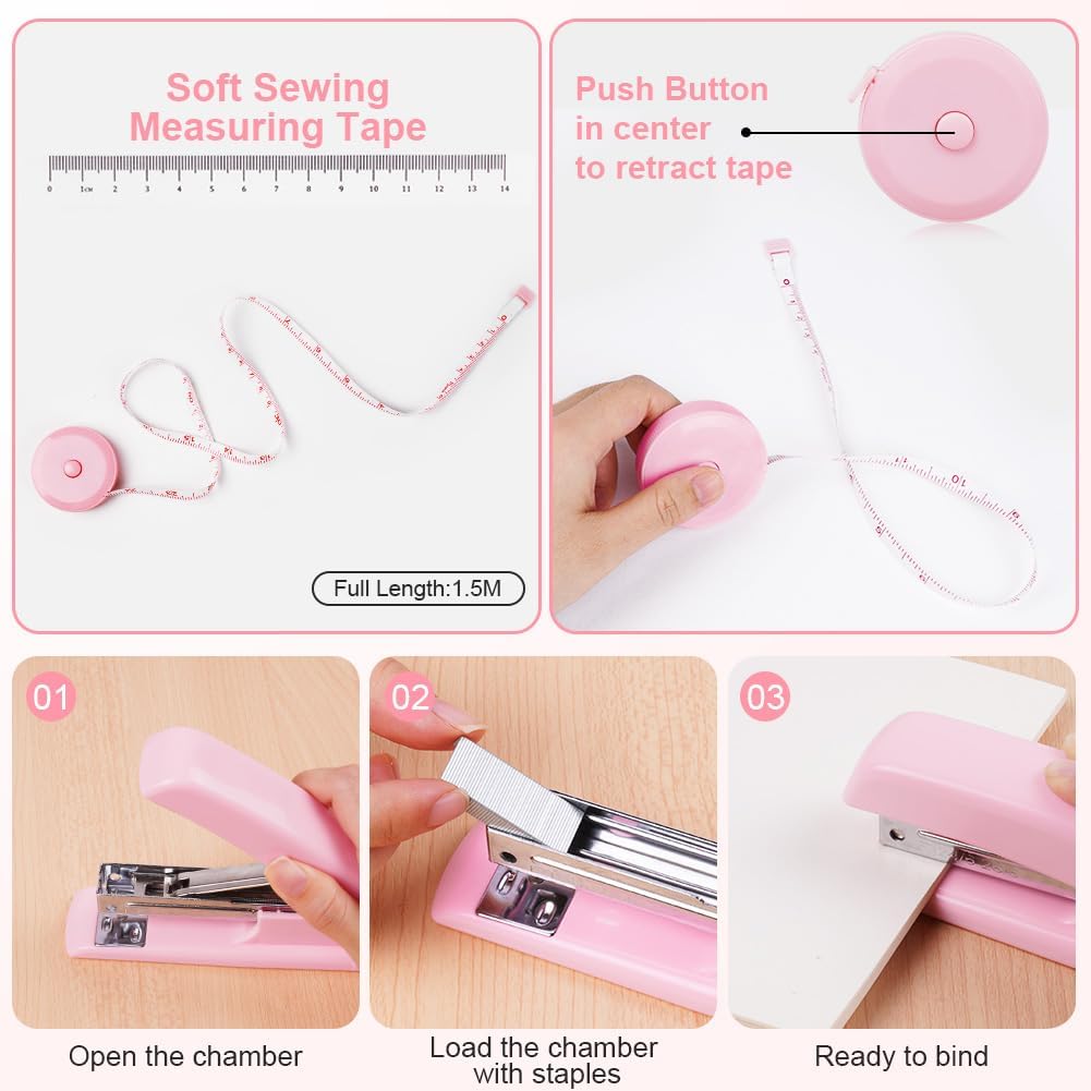 Detalle 1 de OFFCUP roze bureauaccessoireset met nietjes, plaknotities en meetlint