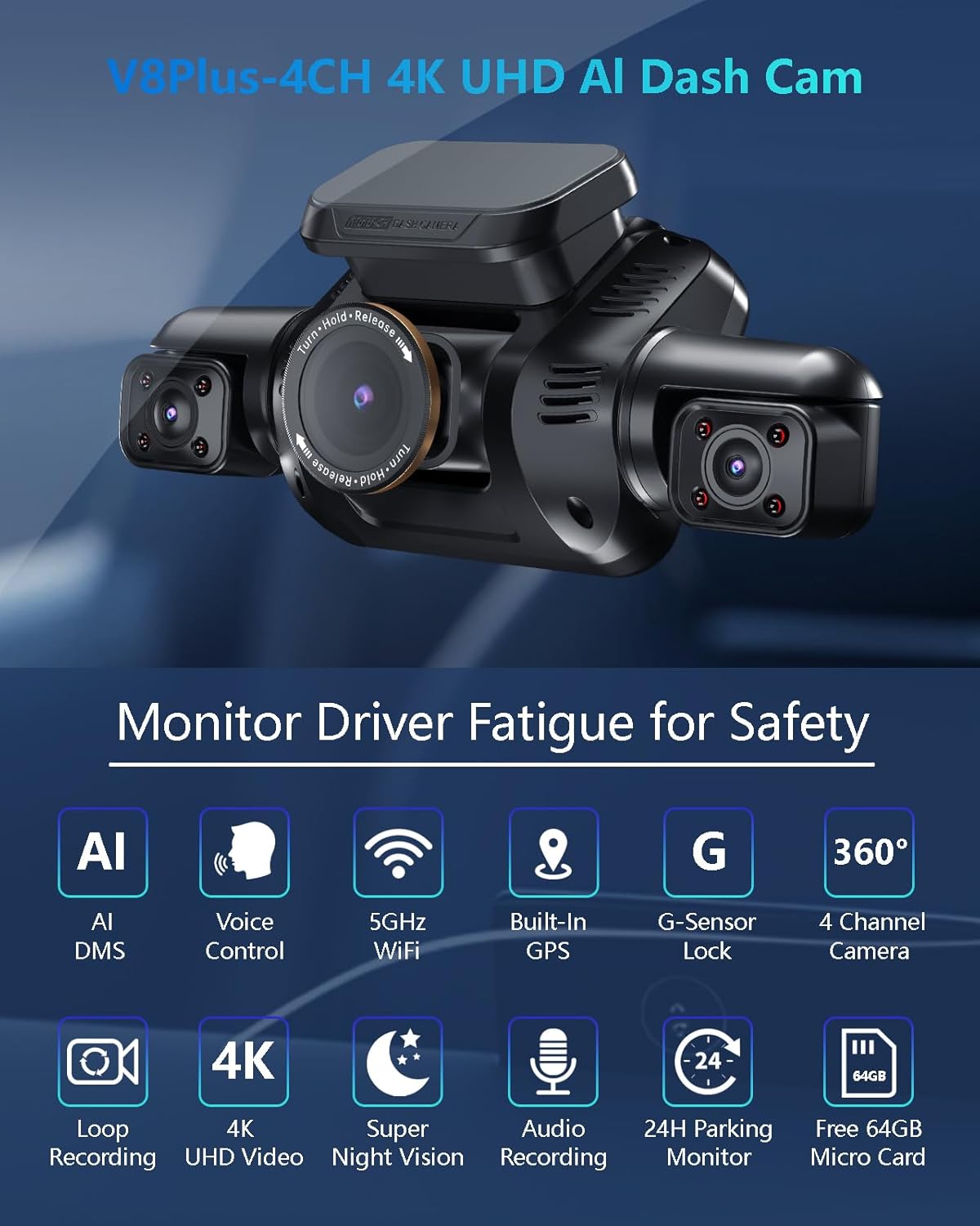Detalle de V8PLUS Dash Cam 4K 4-Channel Car Camera