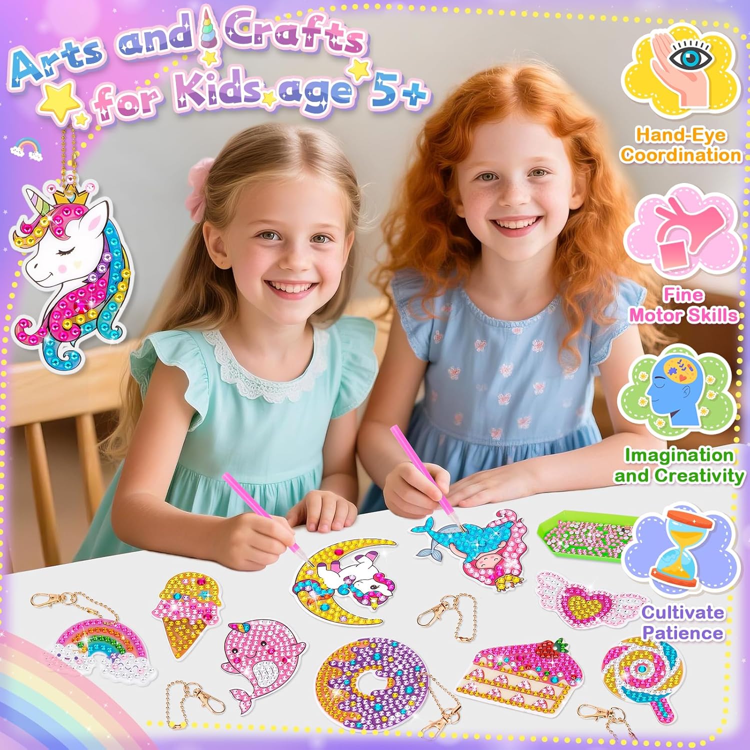 Detalle 2 de Diamond Painting Art Keychain Kit for Girls (Unicorn) – DIY Gem Keyring Craft Set (Age 5–10)