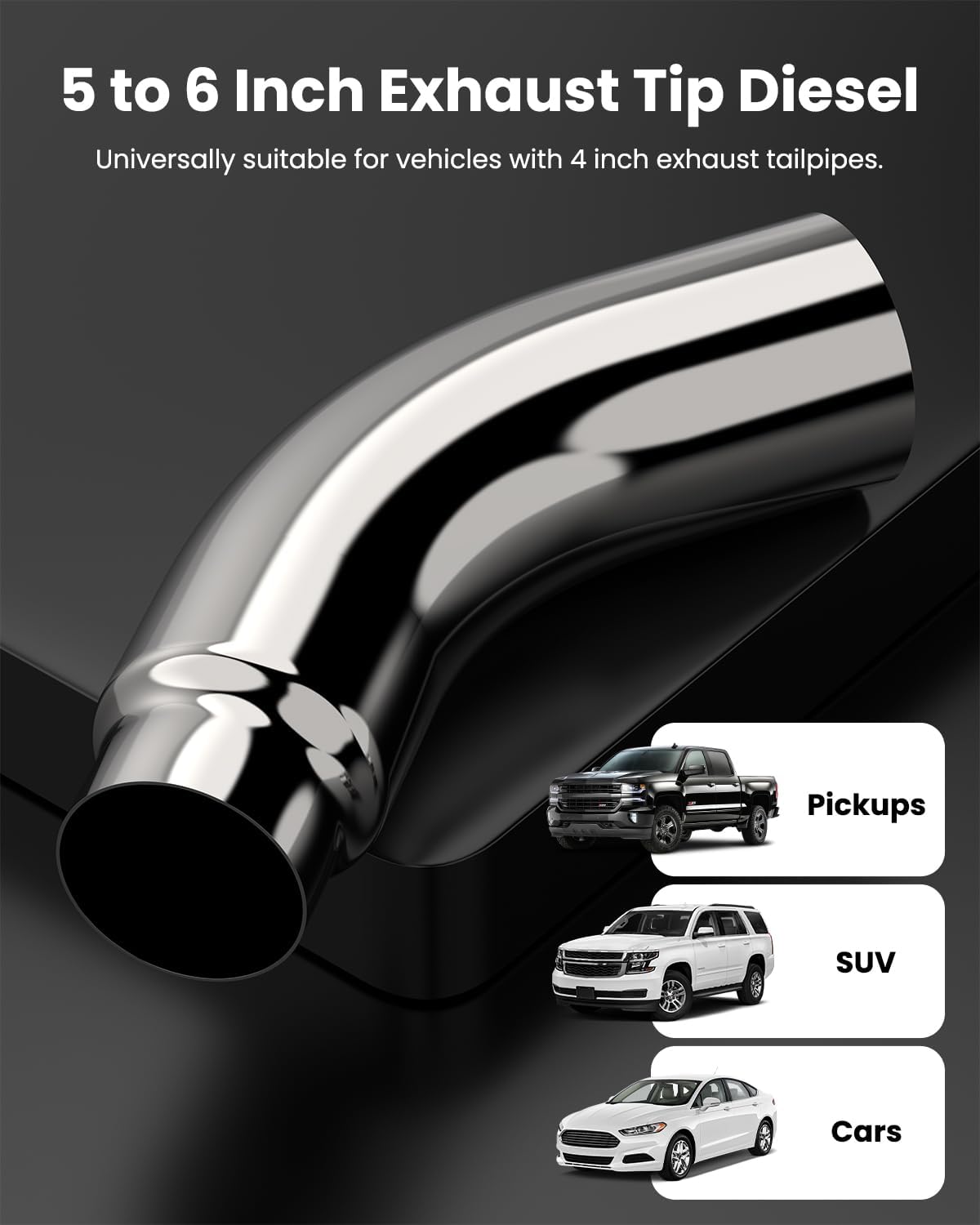 Detalle de JY PERFORMANCE 5 Inch ID Diesel Exhaust Tip Elbow — 5" Inlet, 6" Outlet, 23" Long Chrome Turndown with Clamp