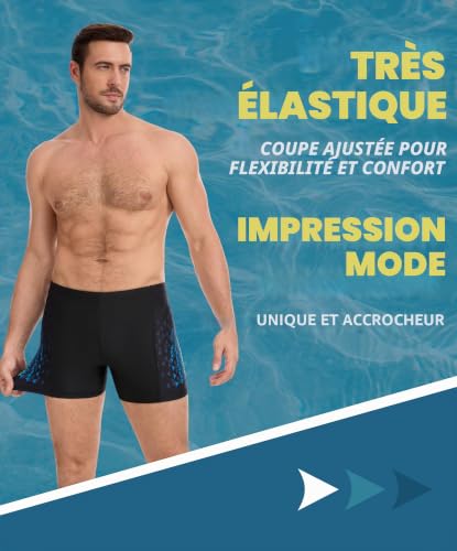 Thumbnail 3 de AMZSPORT Maillot de Bain Homme Short de Bain à Séchage Rapide, Patchwork Noir Bleu M
