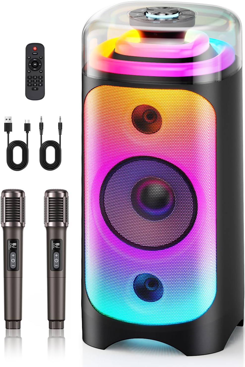 Detalle de Jokmic T52-T 500W Karaoke Machine with 3 Drivers, 2 Wireless Mics and RGB Lights