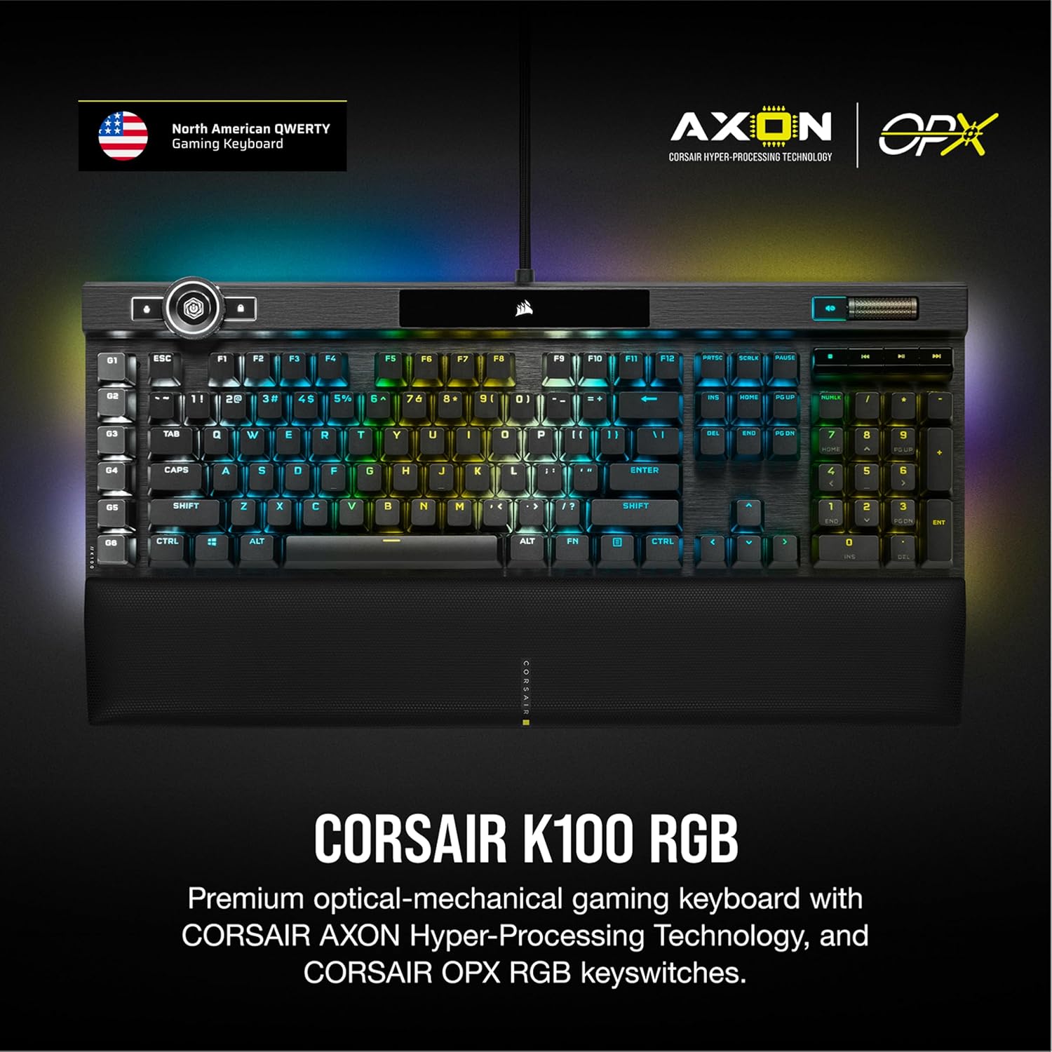 Thumbnail 1 de Corsair K100 RGB Optical-Mechanical Wired Gaming Keyboard (QWERTY US) with OPX Switches, PBT Double-Shot Keycaps, iCUE/Elgato Compatible