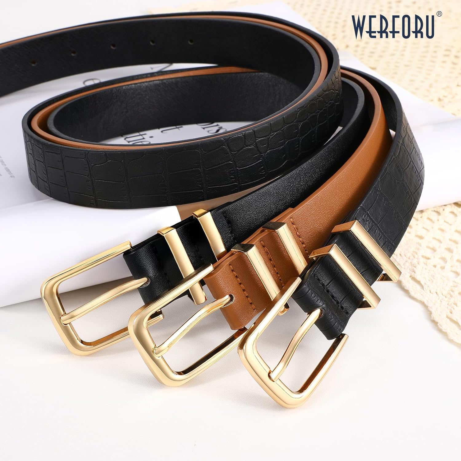 Detalle de WERFORU 3-Ton Gürtel-Set aus Kunstleder für Damen – Vielseitige Accessoires in drei Farben