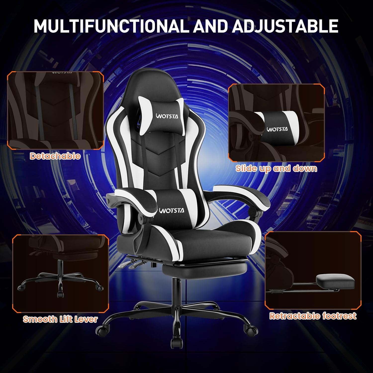 Thumbnail 6 de WOTSTA Gaming Chair with Footrest – ergonomic office or gaming chair with lumbar support, headrest and 135° recline