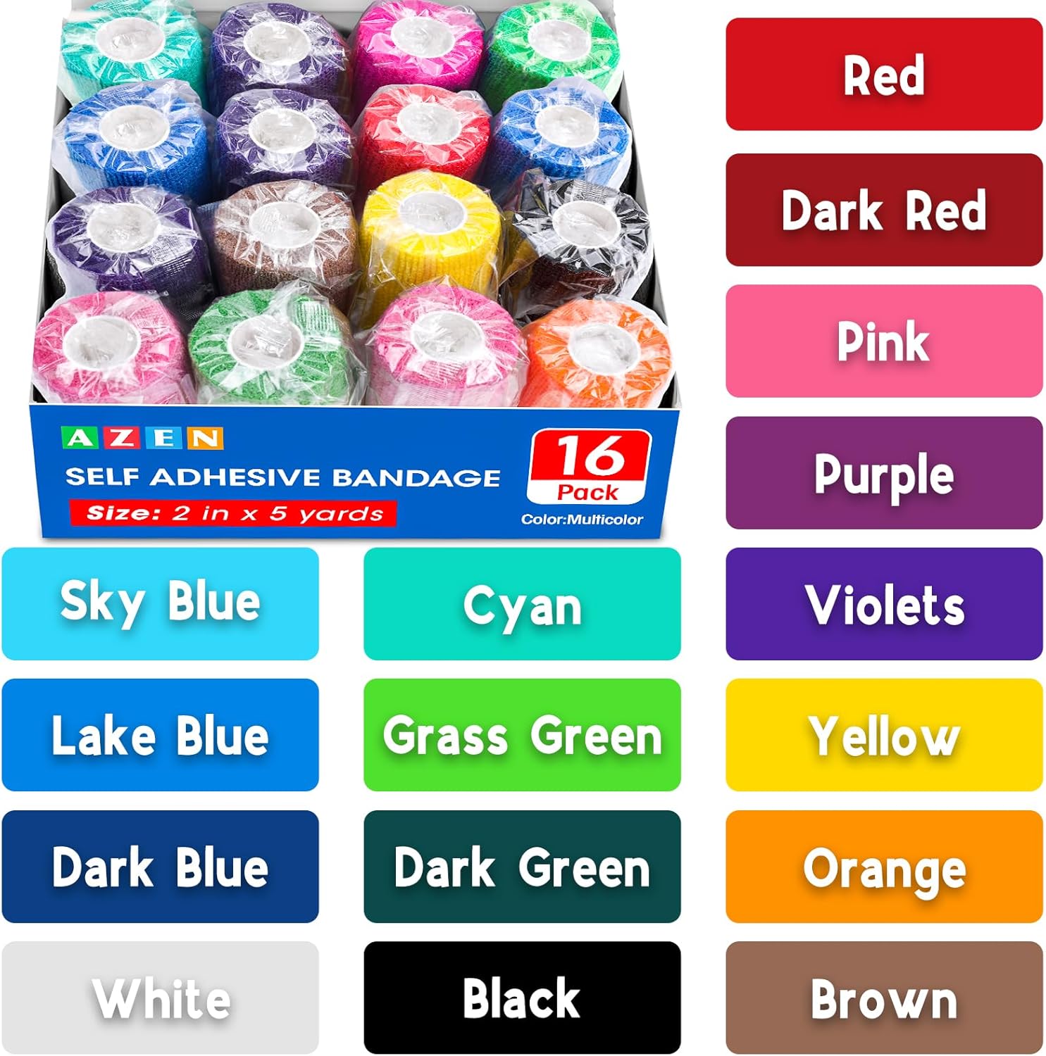 Thumbnail 6 de AZEN 16 Pack Self Adhesive Bandage Wrap — 2" x 5 Yards, Elastic Cohesive Vet Wrap