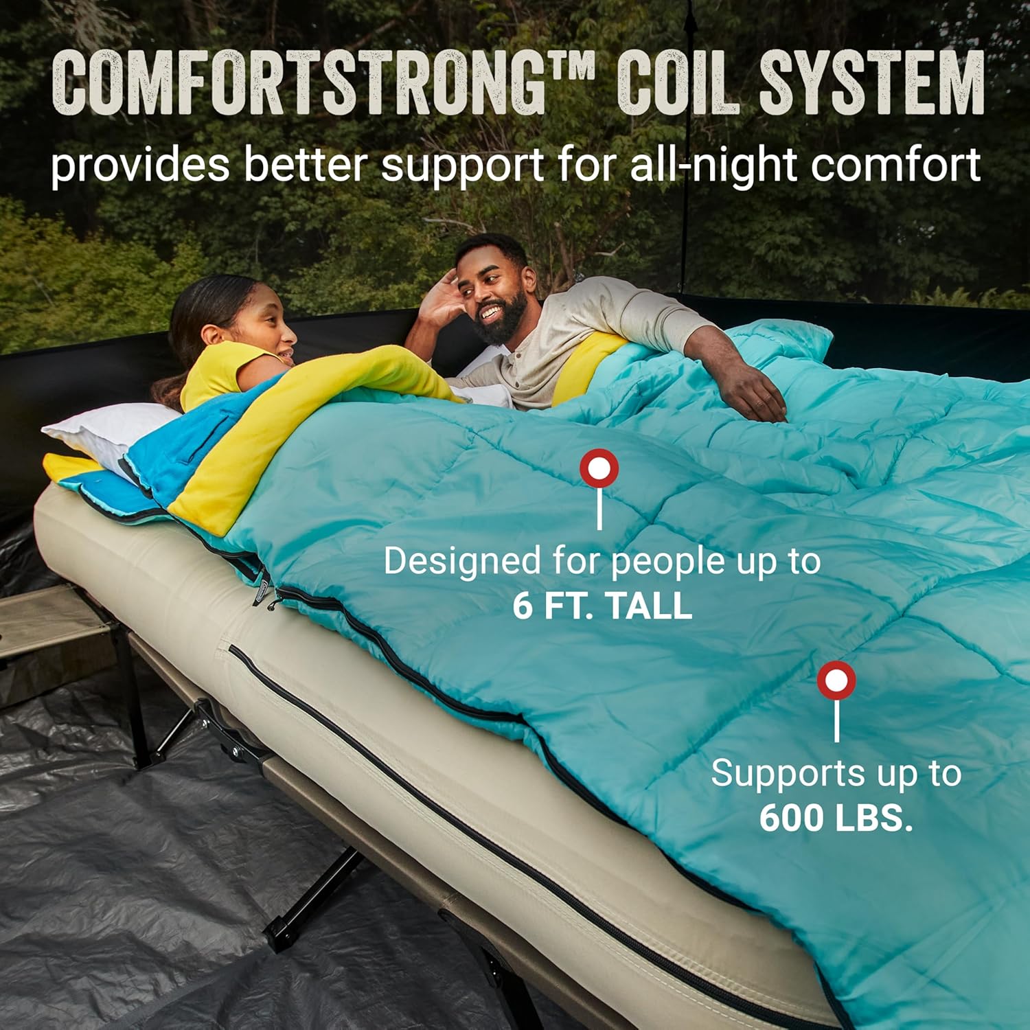 Detalle de Coleman Queen-Size Airbed Cot Combination: Folding Bed with Steel Frame, Side Table, and Battery Pump