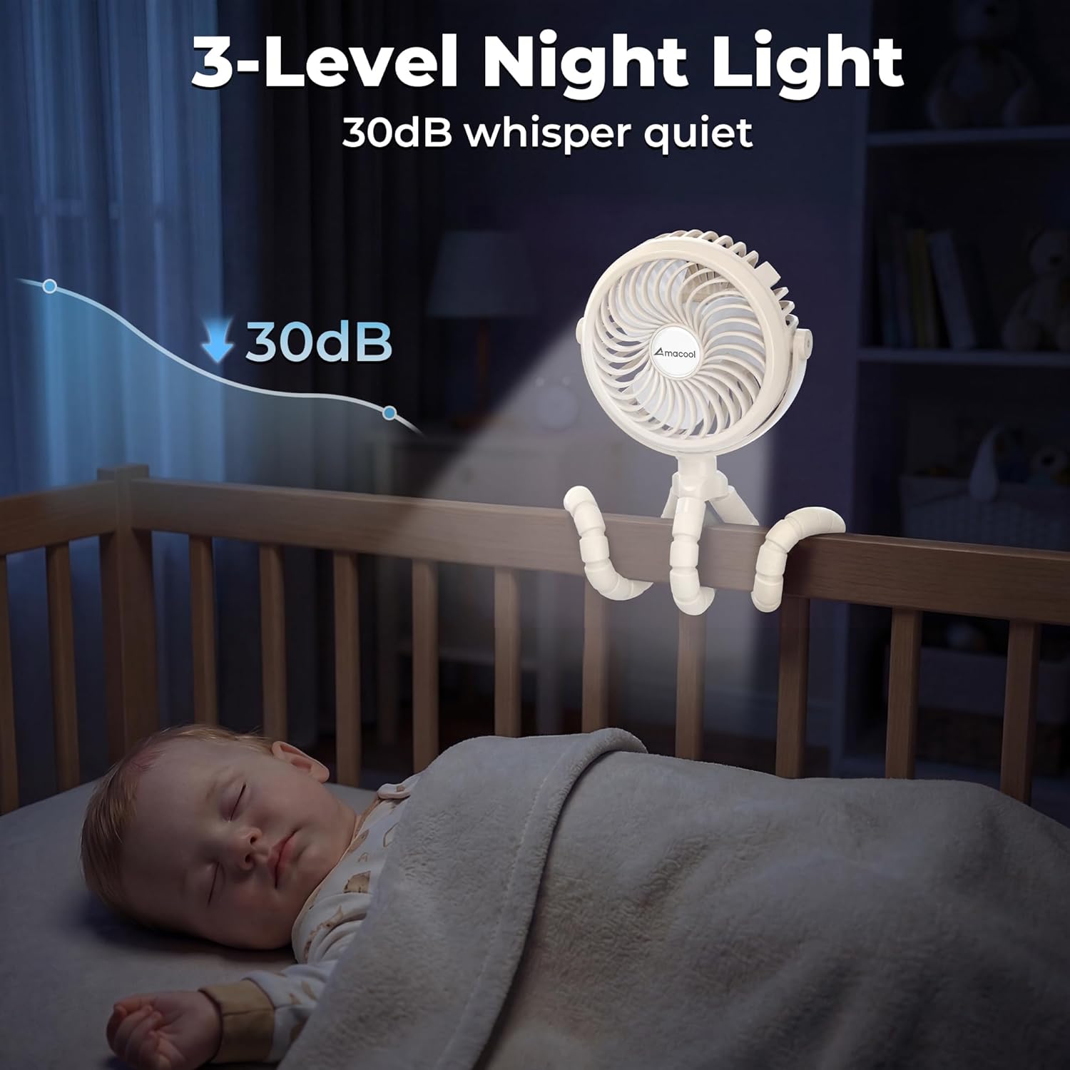 Thumbnail 5 de Amacool Pram Fan – Battery Operated Clip-On Stroller Fan with 3 Speeds, Rotatable Head & Flexible Tripod Legs (White)