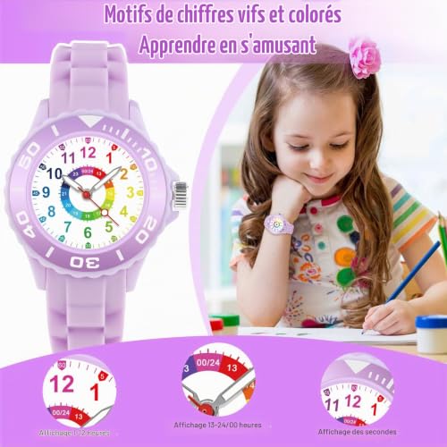 Detalle 2 de GUUMUXIN montre éducative analogique pour enfants, cadran multicolore, 5-16 ans
