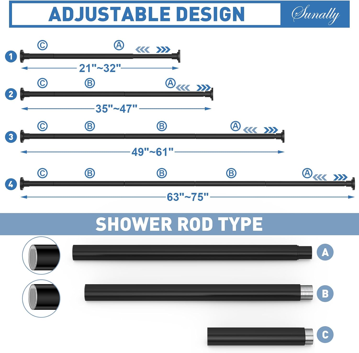 Detalle 2 de SUNALLY SN-ZG-03B Shower Tension Rod, Adjustable 32–75 in, Black Stainless Steel