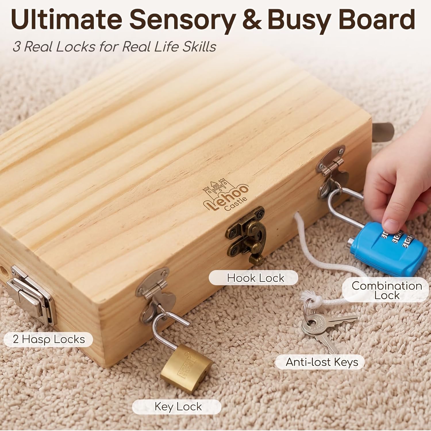 Detalle 2 de Lehoo Castle Montessori Wooden Toolbox Toy Set with Real Locks and Tools (Ages 3–6)
