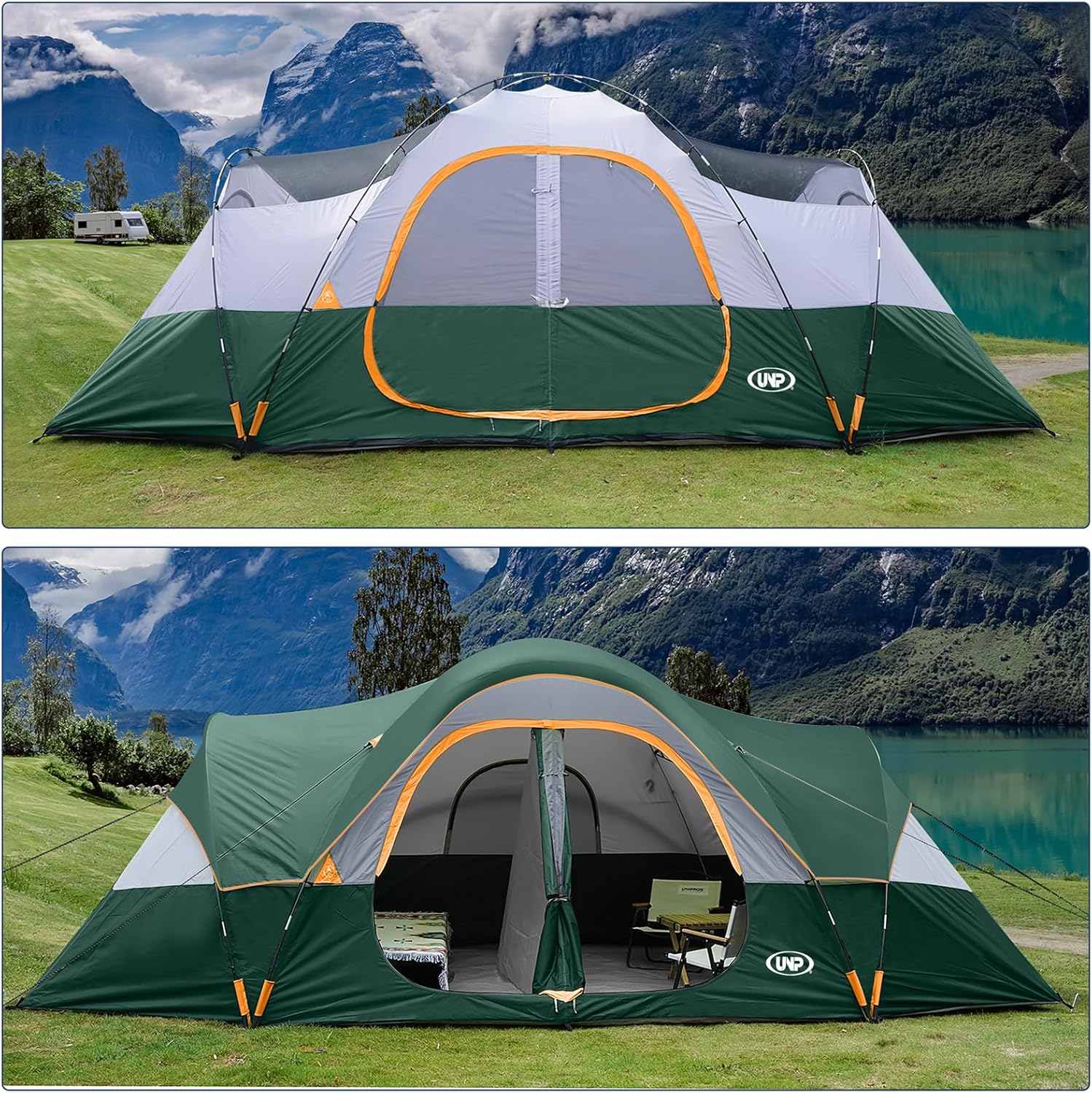 Detalle de UNP Camping Tent 10-Person Family Tent — Easy Up, 2 Rooms, Waterproof 18ft x 9ft x 78in