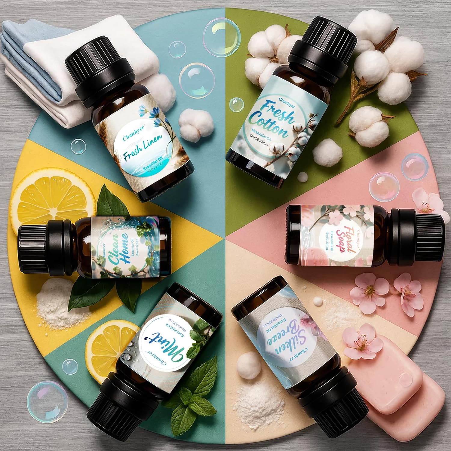 Detalle de Clean Essential Oils Set 6x10ml – Fresh Linen, Mint, Clean Home, Silken Breeze, Fresh Cotton, Floral Soap