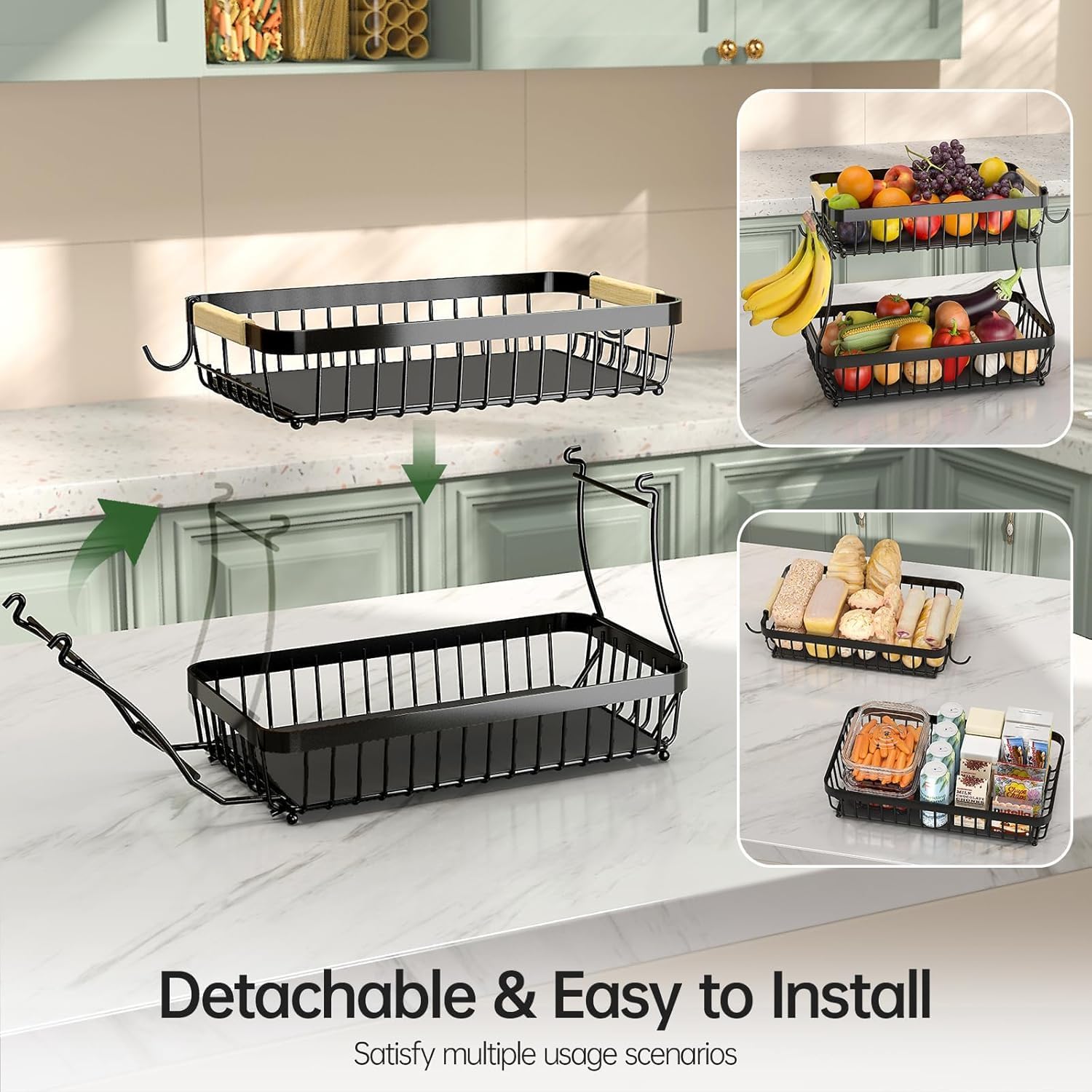 Thumbnail 2 de Fournine 3-Tier Fruit Bowl Basket with Banana Hanger (Detachable Countertop Organiser), Black