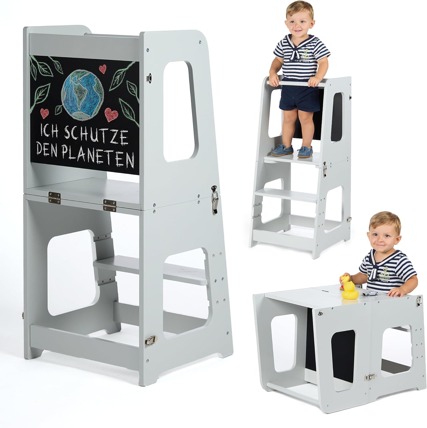 KYWAI Montessori Lernturm ab 1 Jahr – klappbar, 2-in-1 Premium Learning Tower & Tisch (grau)
