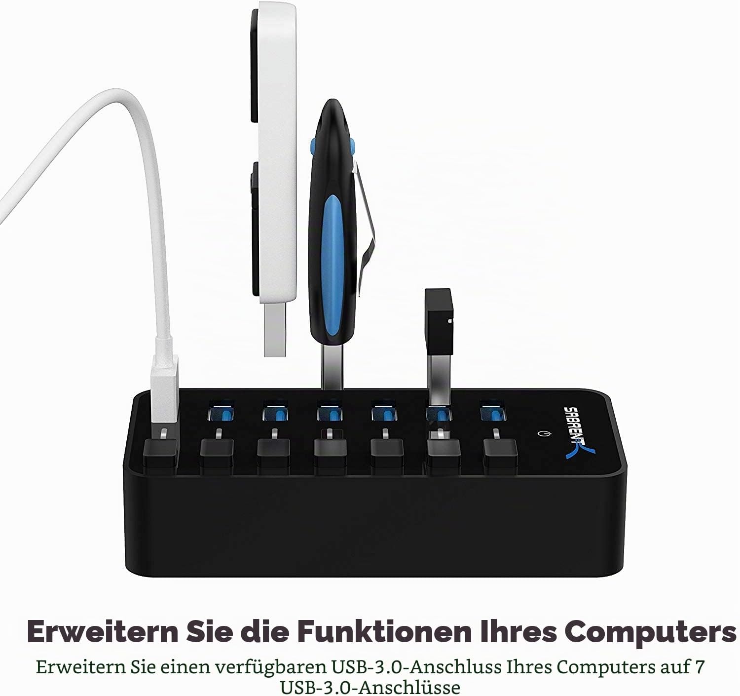 Detalle 2 de SABRENT USB Hub aktiv 3.2x1 mit Netzteil – 7 Ports, 36W, Power-Schalter, USB3.2 Gen 1