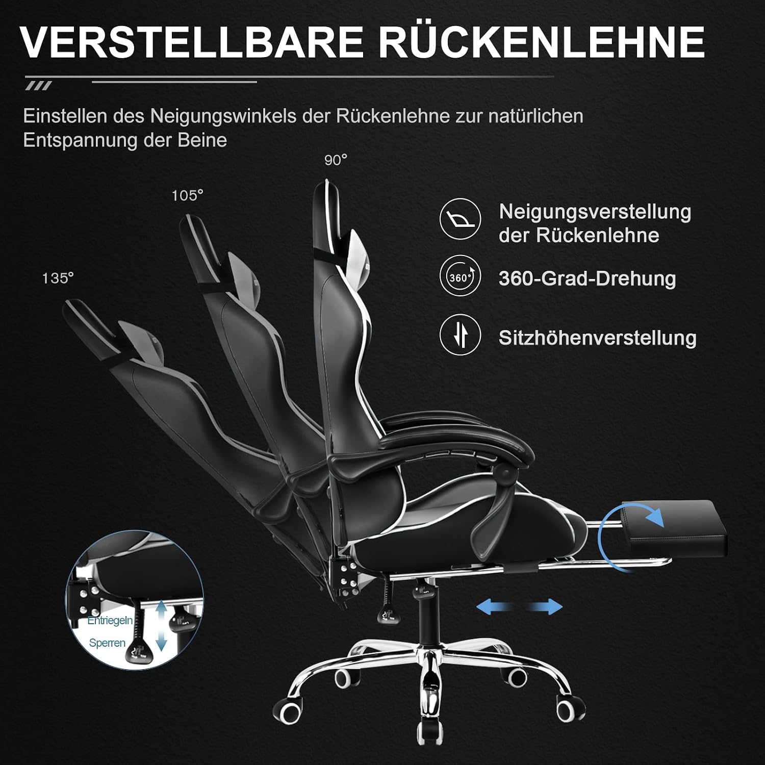 Detalle de GTPLAYER GT800A gamingstoel met voetsteun, verstelbare rugleuning en lendenkussen