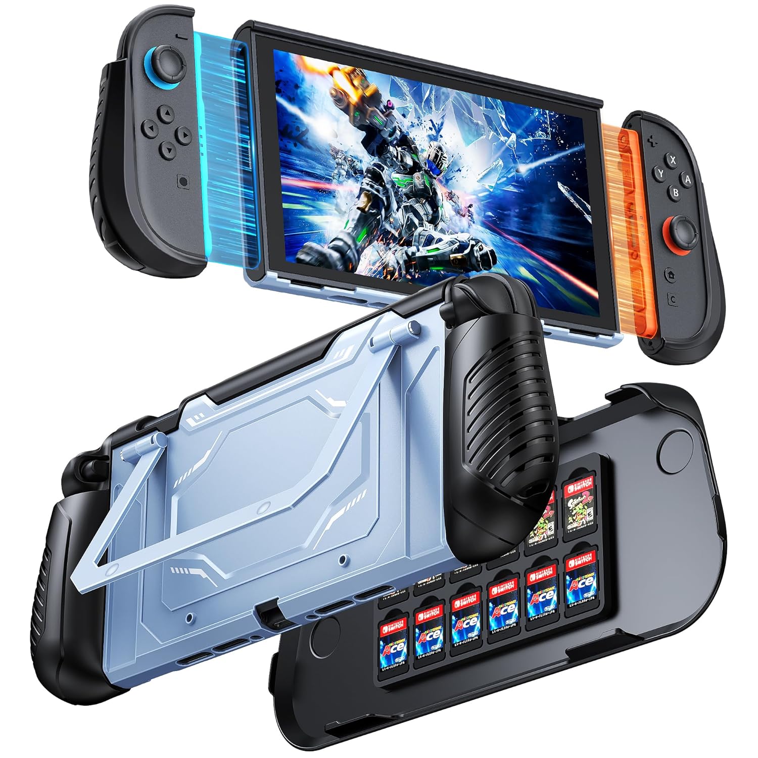 Detalle de FYOUNG Schutzhülle für Nintendo Switch 2 – Militärqualität, abnehmbarer Ergonomikgriff, Frontabdeckung mit Kartenfach (Hellblau)
