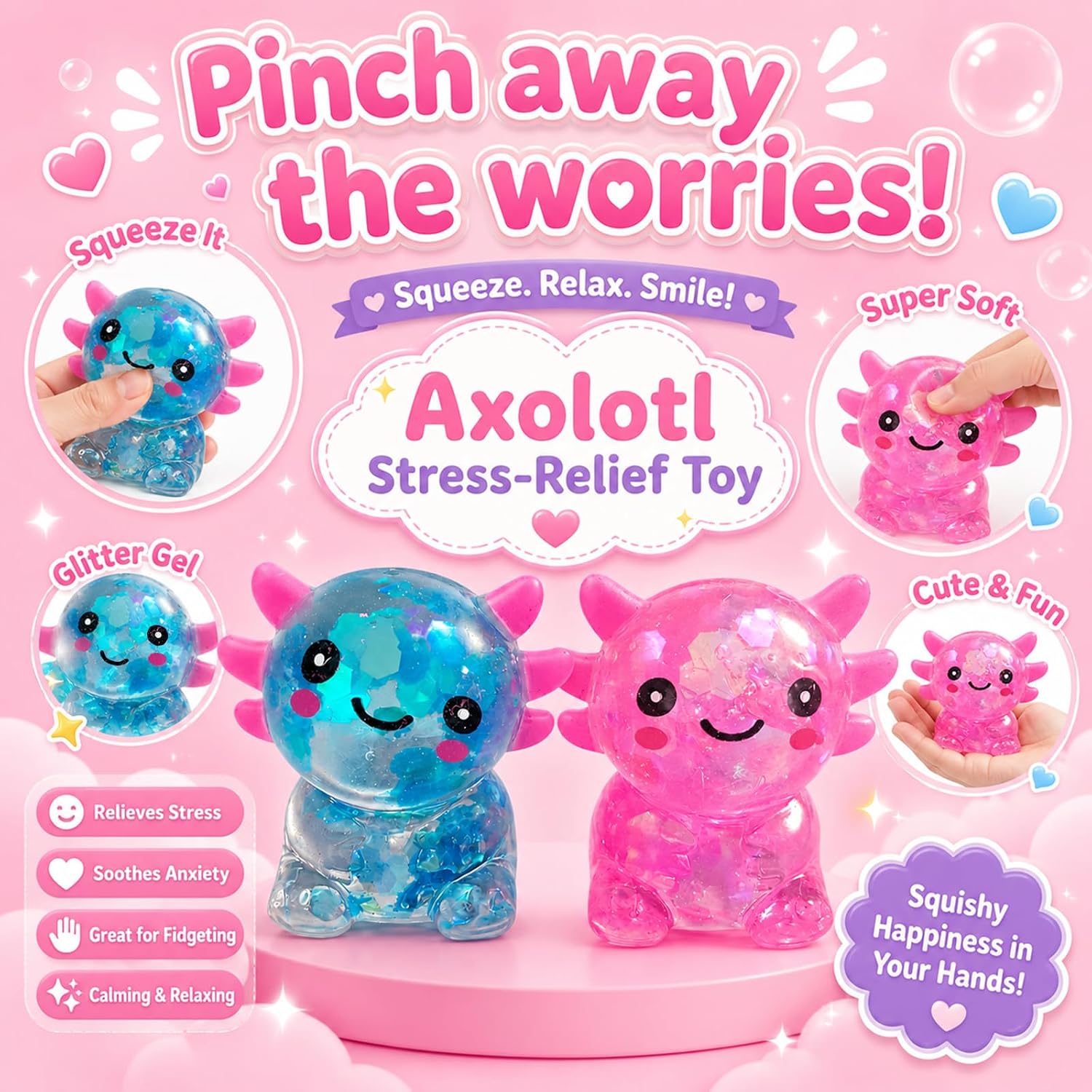Thumbnail 4 de Axolotl Squishy Toy: Glitter Fidget for Stress Relief (Bluepink)