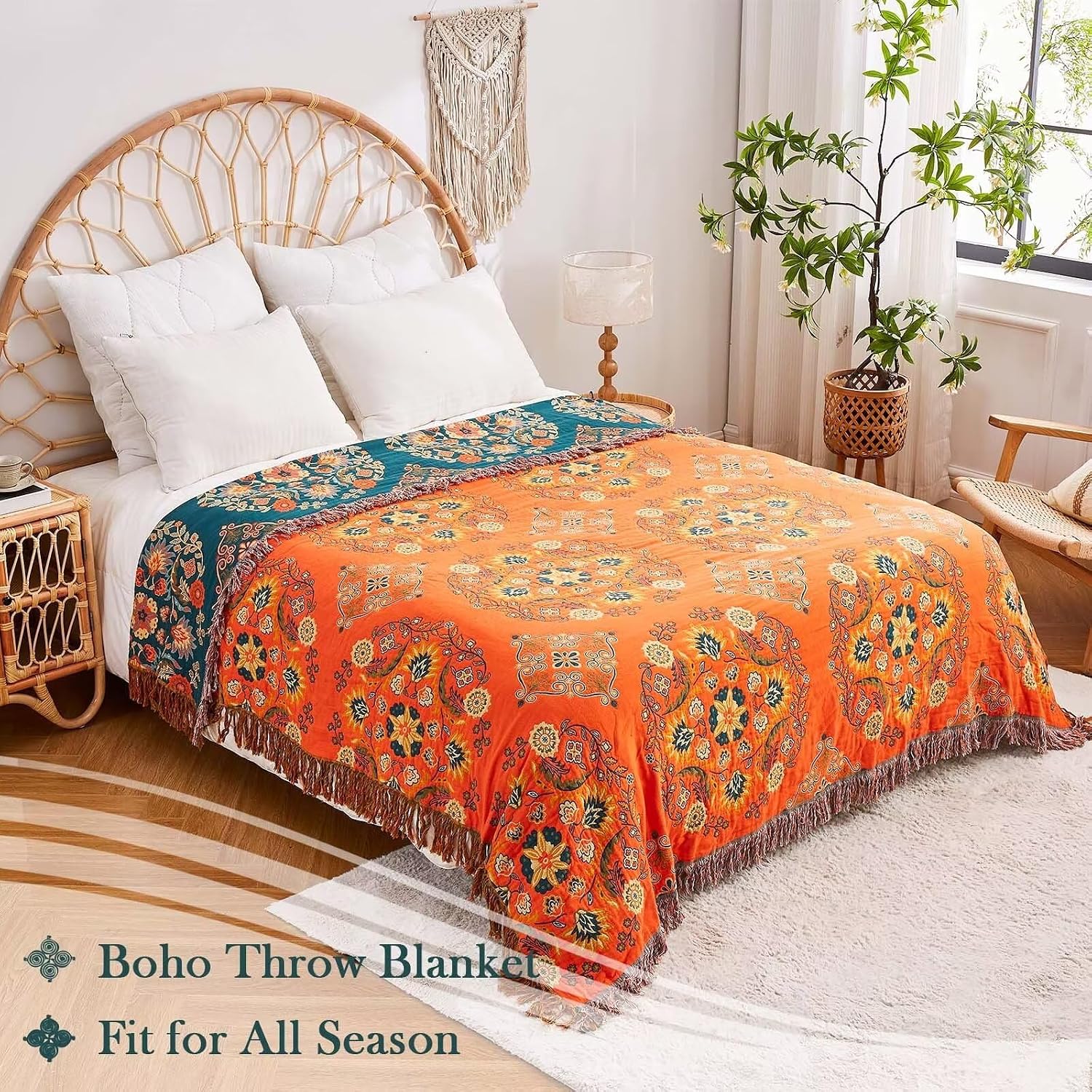 Detalle de XIBLC Boho Throw Blanket (100% Cotton) 60"x80" Floral Reversible Farmhouse Decor, Orange