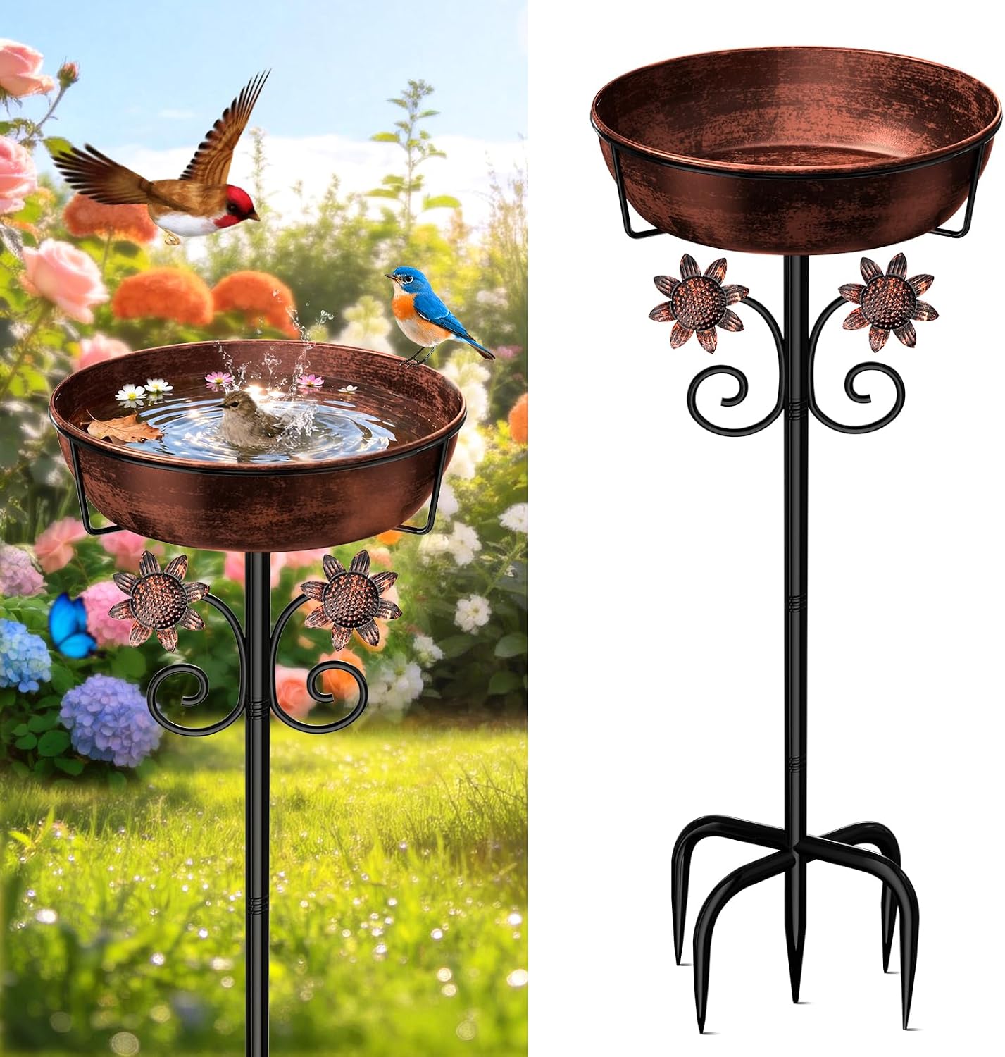 Detalle de LOVEBUY Metal Bird Bath -0518, 12-inch Removable Bowl, 5-Prong Stake