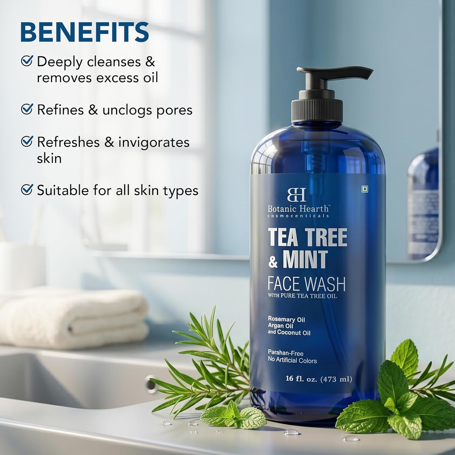 Detalle de Botanic Hearth Tea Tree & Mint Face Wash (16 fl oz) — Acne Fighting, Hydrating Liquid Cleanser