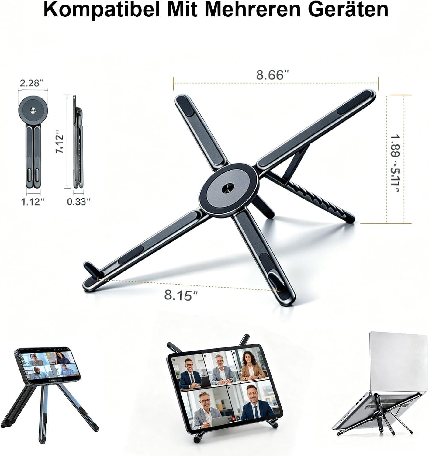 Detalle de Magnetischer 3-in-1 Laptopständer & Tablet-Ständer aus Aluminium – kompakt, flexibel und reisefreundlich (Dunkelblau)