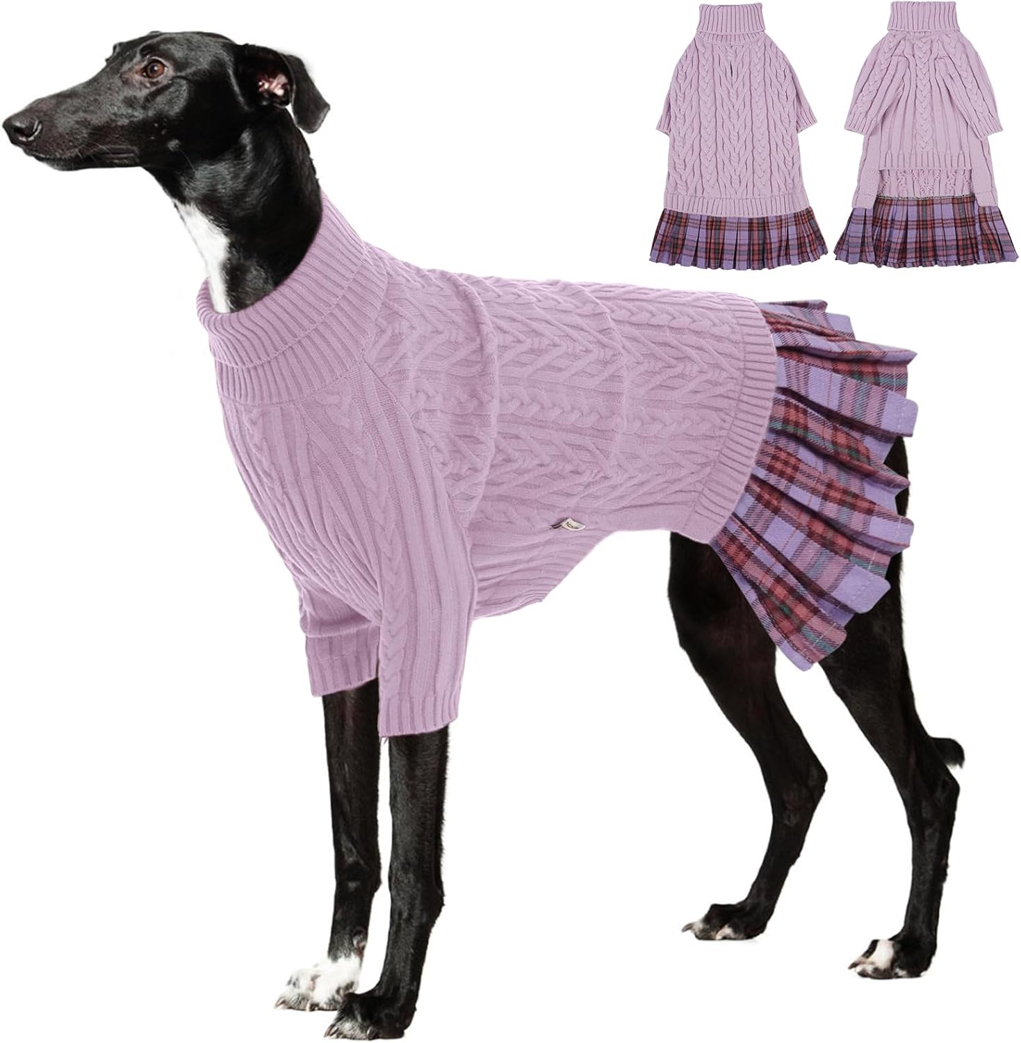 Detalle de IECOii Dog Sweater Dress, Large Knit Turtleneck with Plaid Skirt and Leash Hole