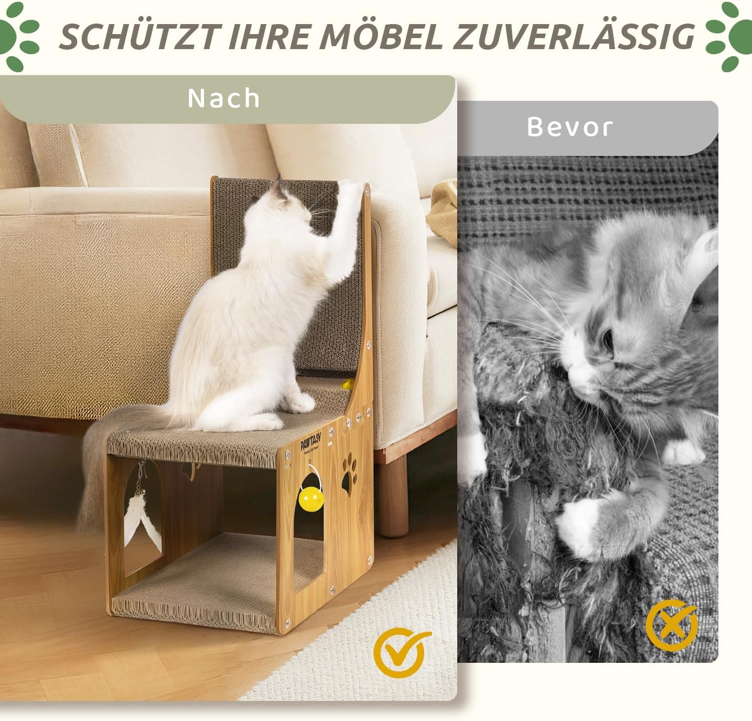 Detalle 2 de Pawtasy Kratzbrett Katzen Kratzpappe 2-in-1 für Wand & Ecke inkl. Ballspielzeug