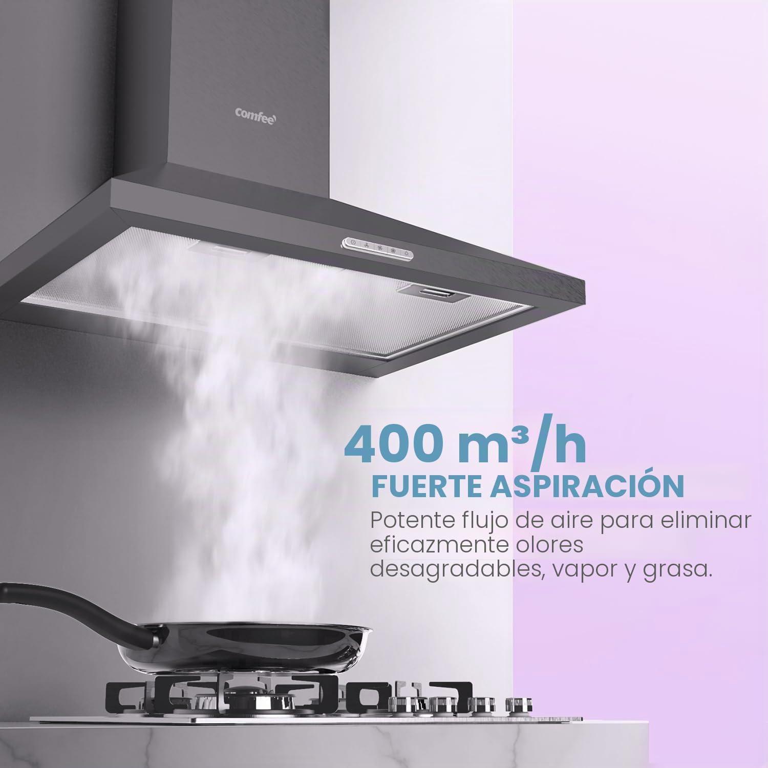 Detalle de Comfee' PYRA17B-60 campana extractora negra de 60 cm con LED y 400 m³/h