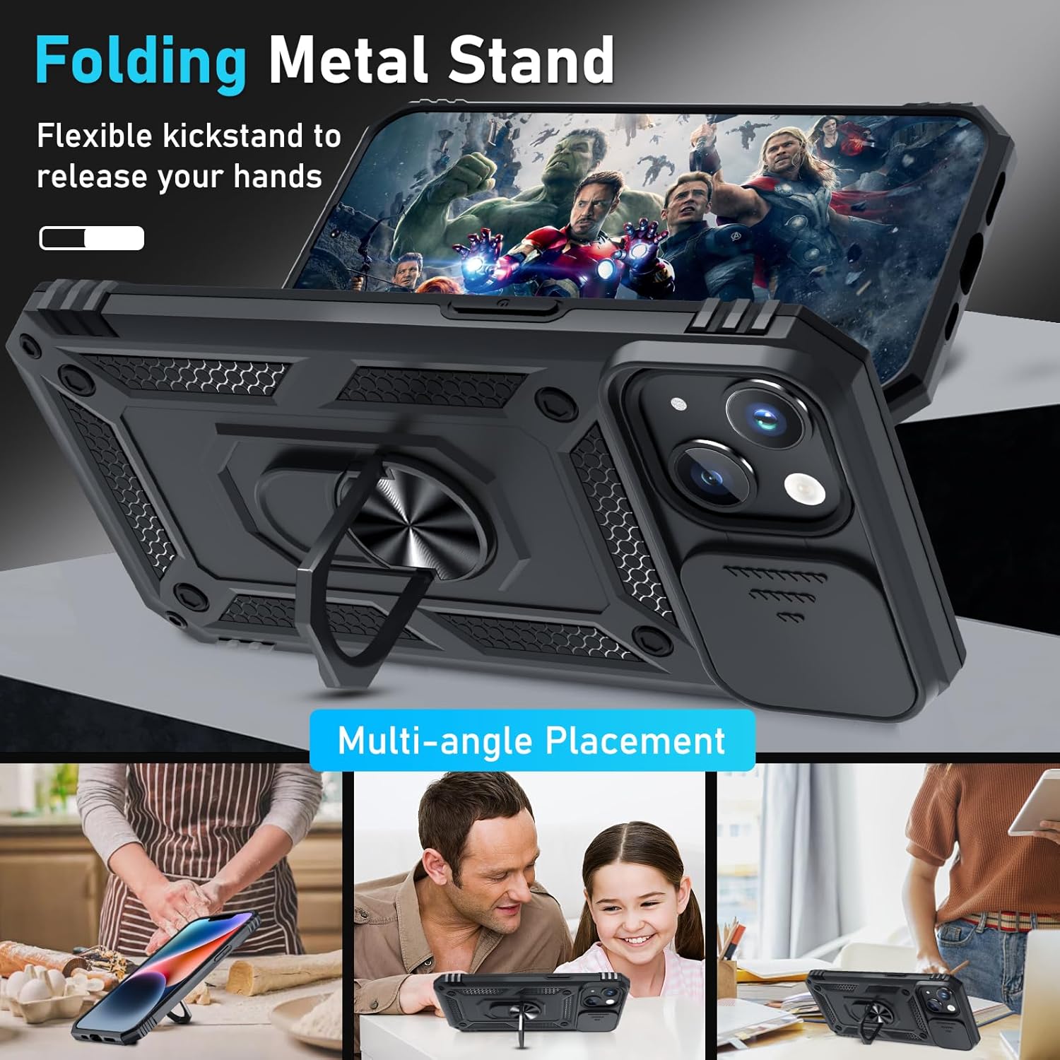 Thumbnail 1 de Janmitta Case for iPhone 14 & 13: Heavy-Duty Case with Slide Camera Lens Cover, Built-In Screen Protector, Kickstand, and Finger Ring