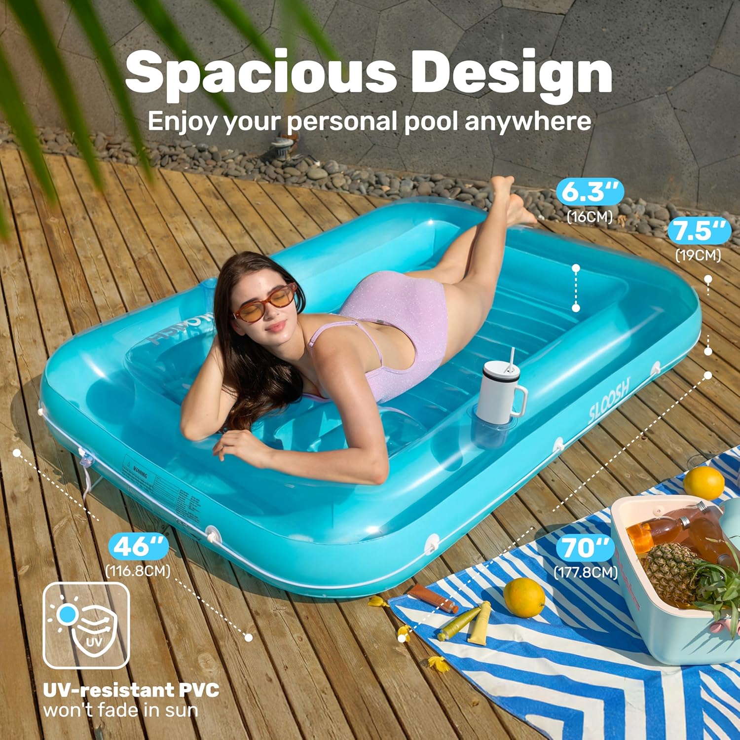 Thumbnail 1 de SLOOSH Inflatable Tanning Pool Lounger Float (70" x 46") with Removable Pillow, L-Blue