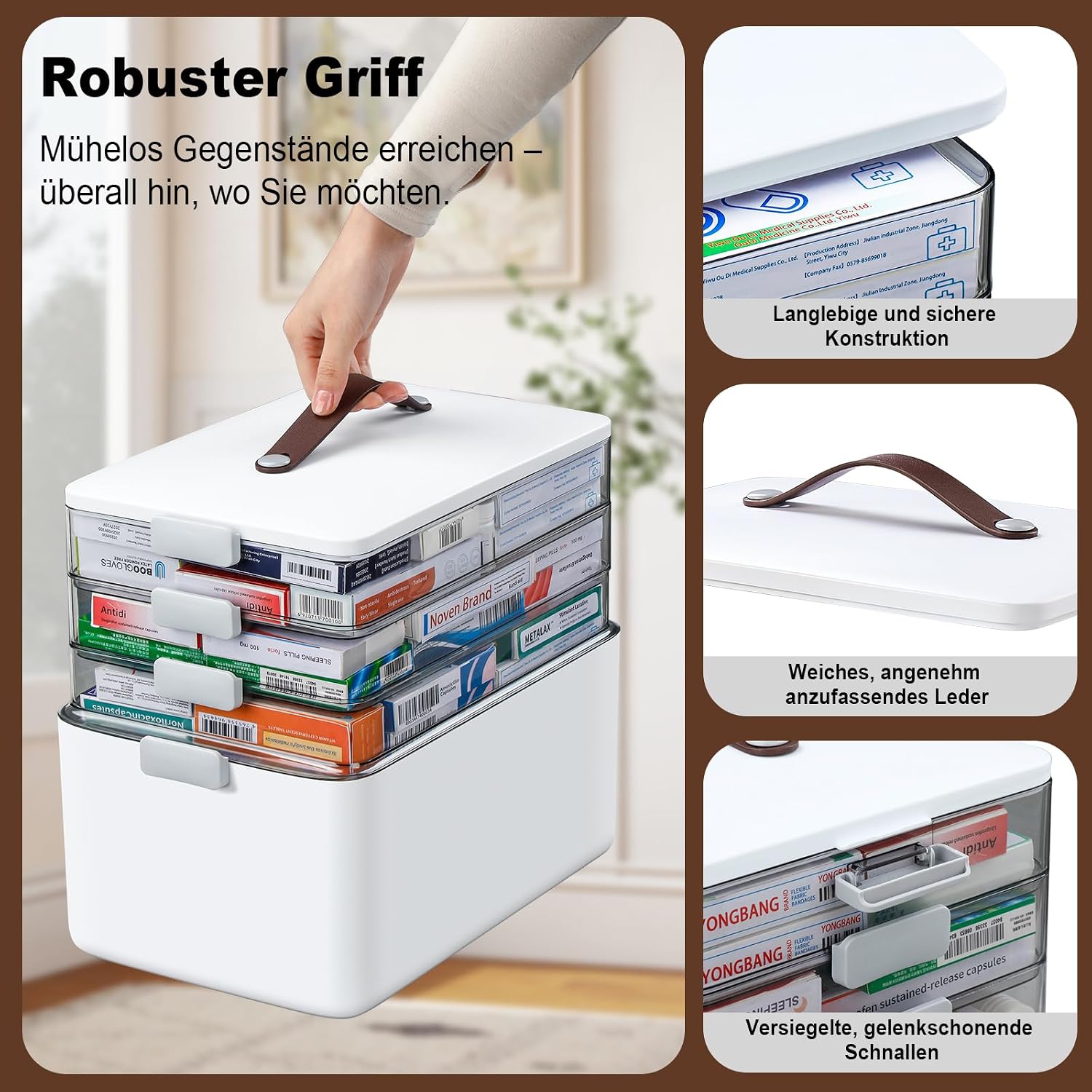 Thumbnail 1 de IMHO 4-stöckige Medizin Organizer Box – modulare Aufbewahrung mit Ledergriffen