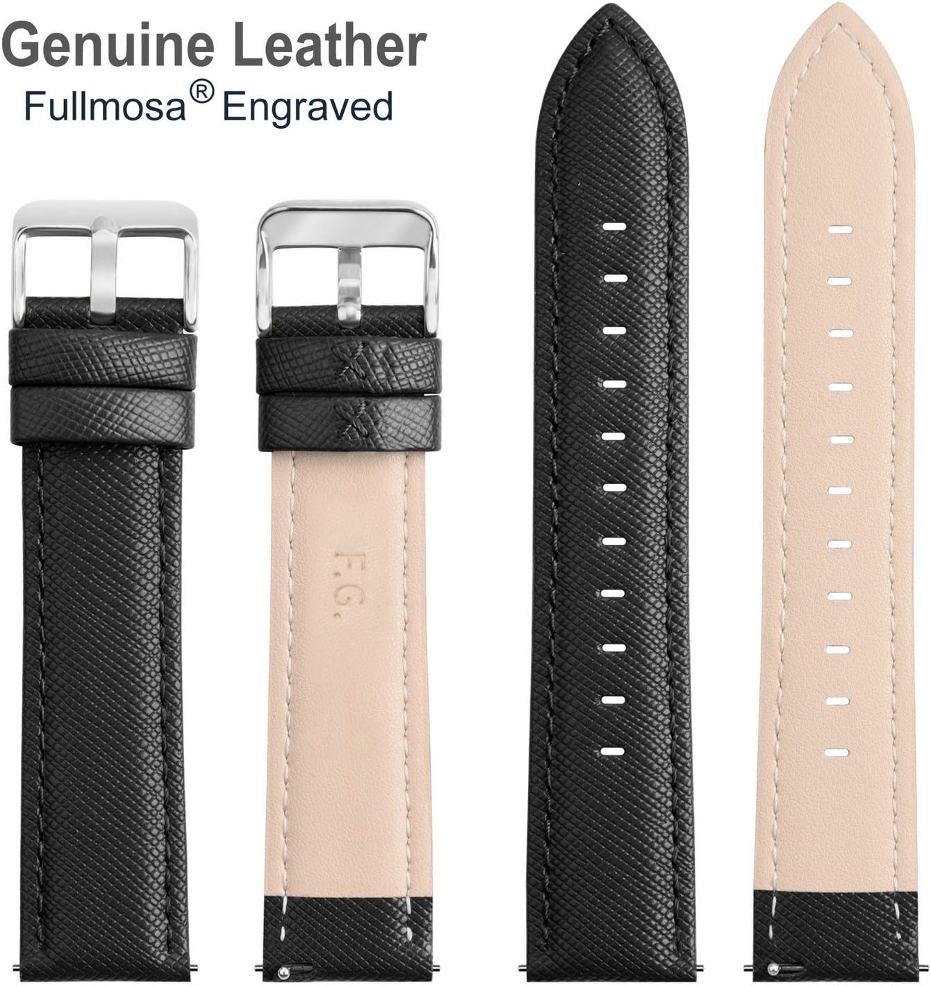 Detalle 2 de Fullmosa Uhrenarmband 22 mm Cross Lederarmband (schwarz + silberne Schnalle) für 22-mm-Federstege
