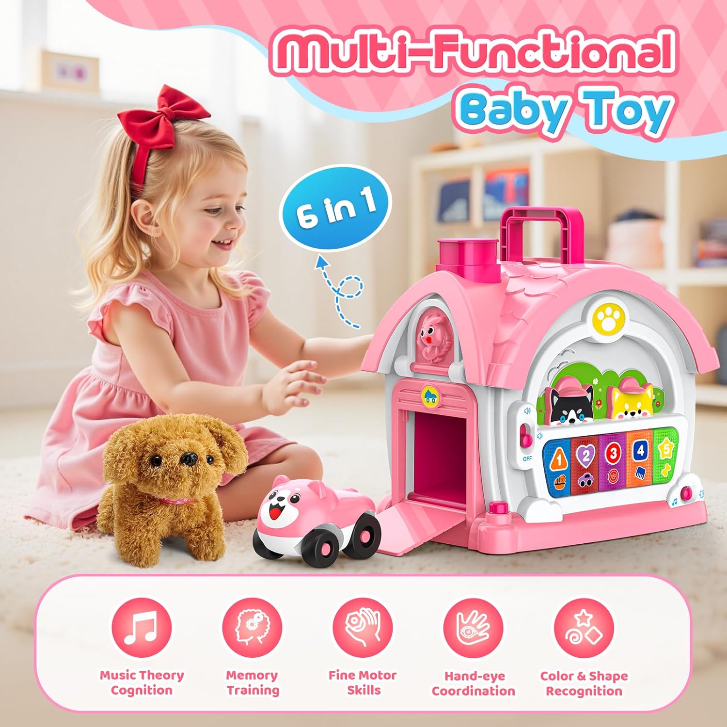 Thumbnail 1 de 6-in-1 Montessori activity house toy for 1–2 year old girls (music, lights, sound & car play)