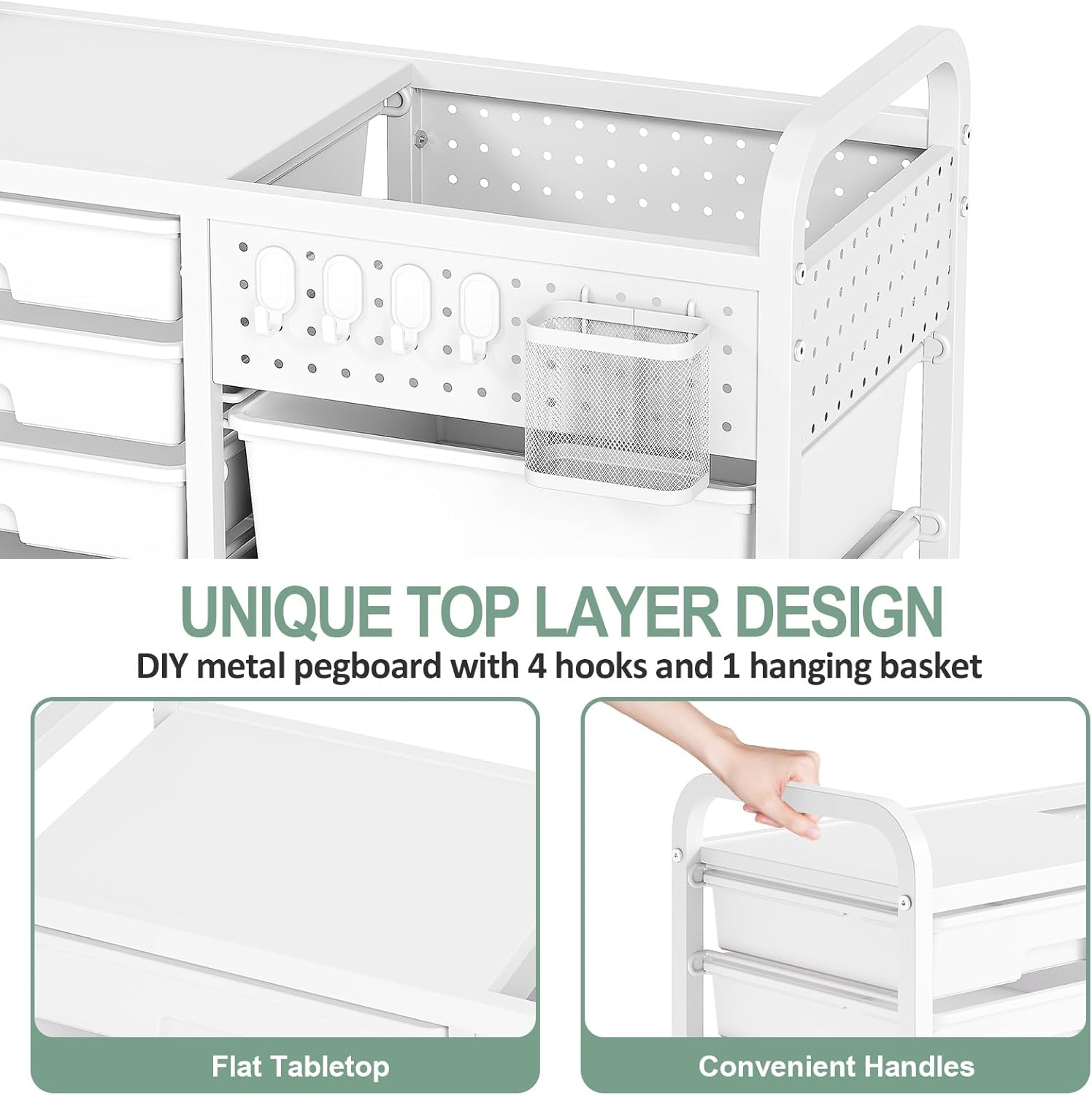 Thumbnail 4 de 14-Drawer Storage Craft Organiser Trolley Cart with DIY Pegboard, Hanging Basket & 4 Hooks (White)