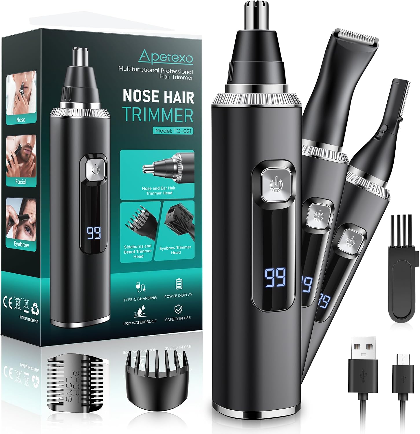 Detalle de Apetexo Nose Hair Trimmer for Men: Painless, 8500 RPM, USB-C Rechargeable & IPX7 Waterproof