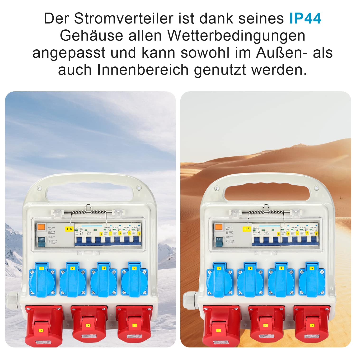 Detalle de Fiqops Baustromverteiler 32A – Wandverteiler mit FI/LS-Schutz, 4x230V, 2xCEE 16A, 1xCEE 32A, IP44