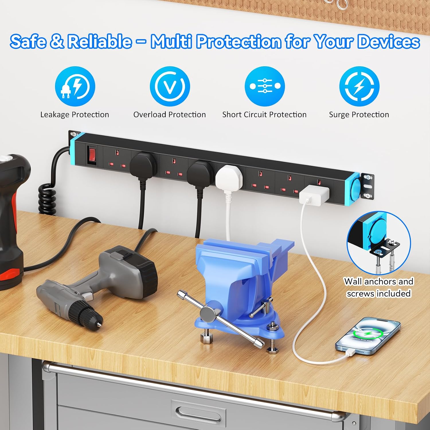 Detalle de Sewingvr 8-Way Extension Lead with Surge Protection and Wall Mount – 360° Rotating Sockets