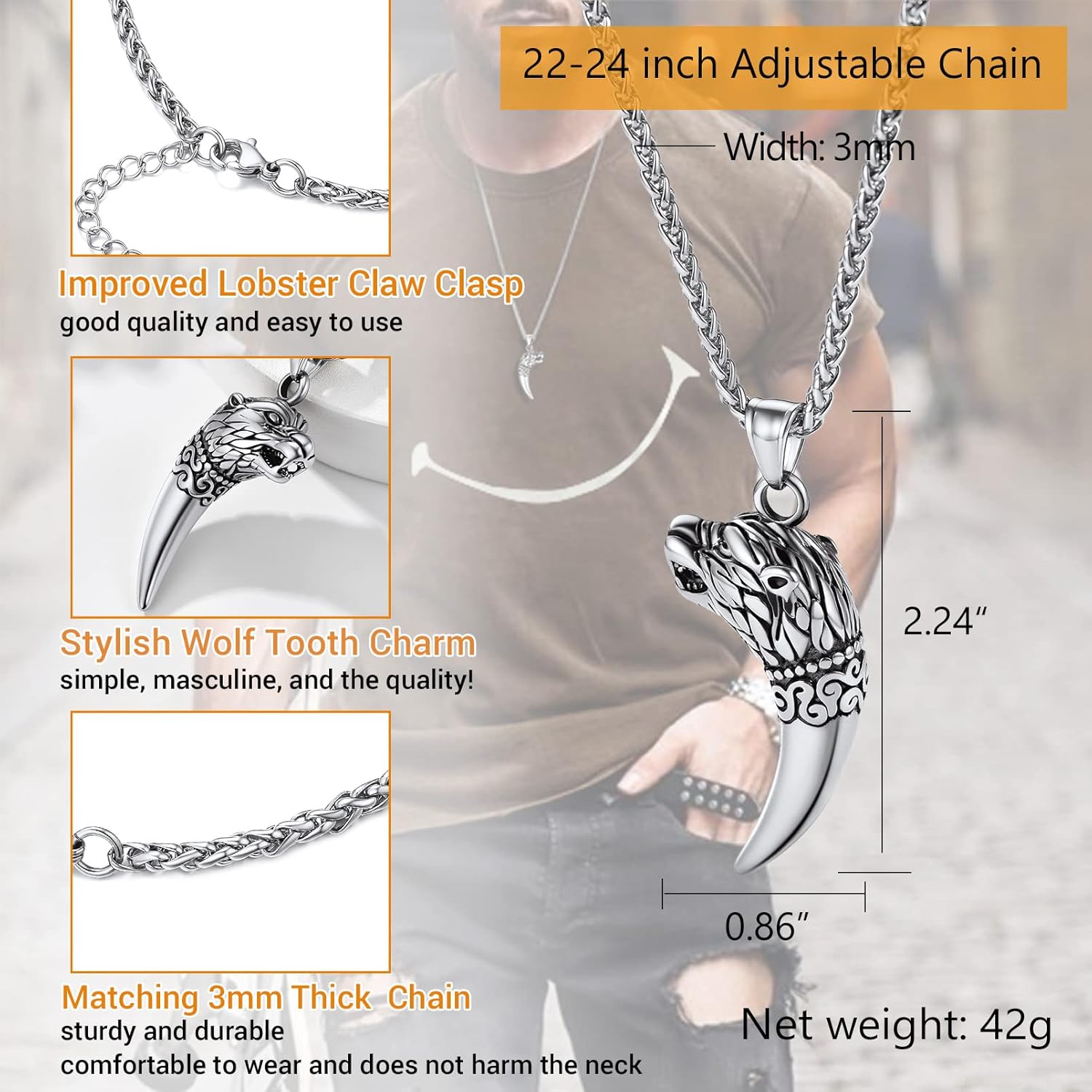 Thumbnail 2 de Collier PROSTEEL dent de loup pour homme en acier inoxydable 316L et plaqué or, chaîne ajustable 55 cm