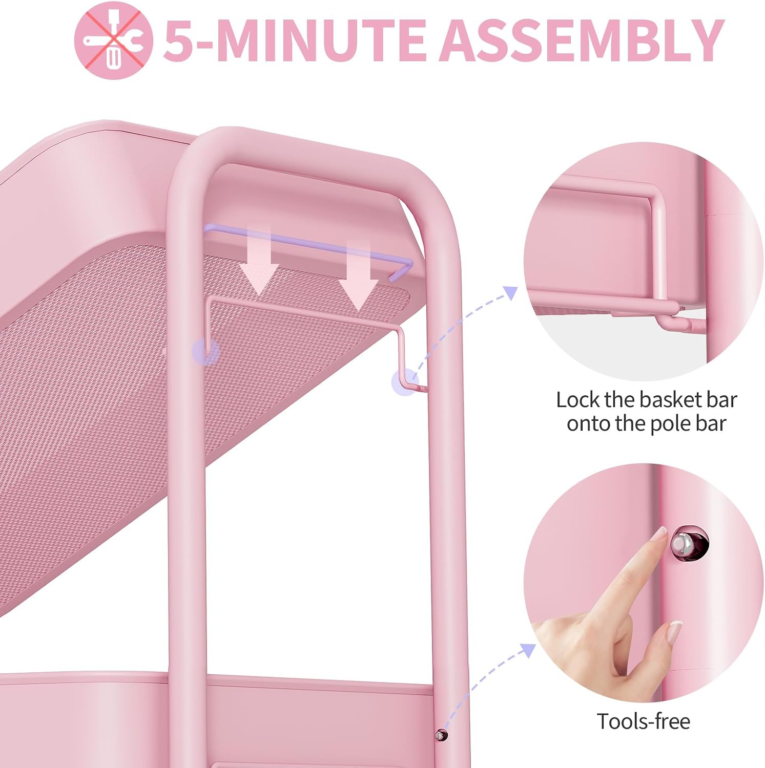Detalle de TOOLF 13106 4-Tier Metal Rolling Cart, Pink with Locking Wheels