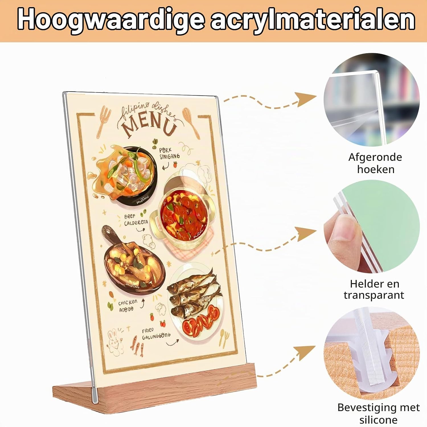 Thumbnail 3 de Kisstta 001 transparante dubbelzijdige A6-menukaarthouder met houten voet